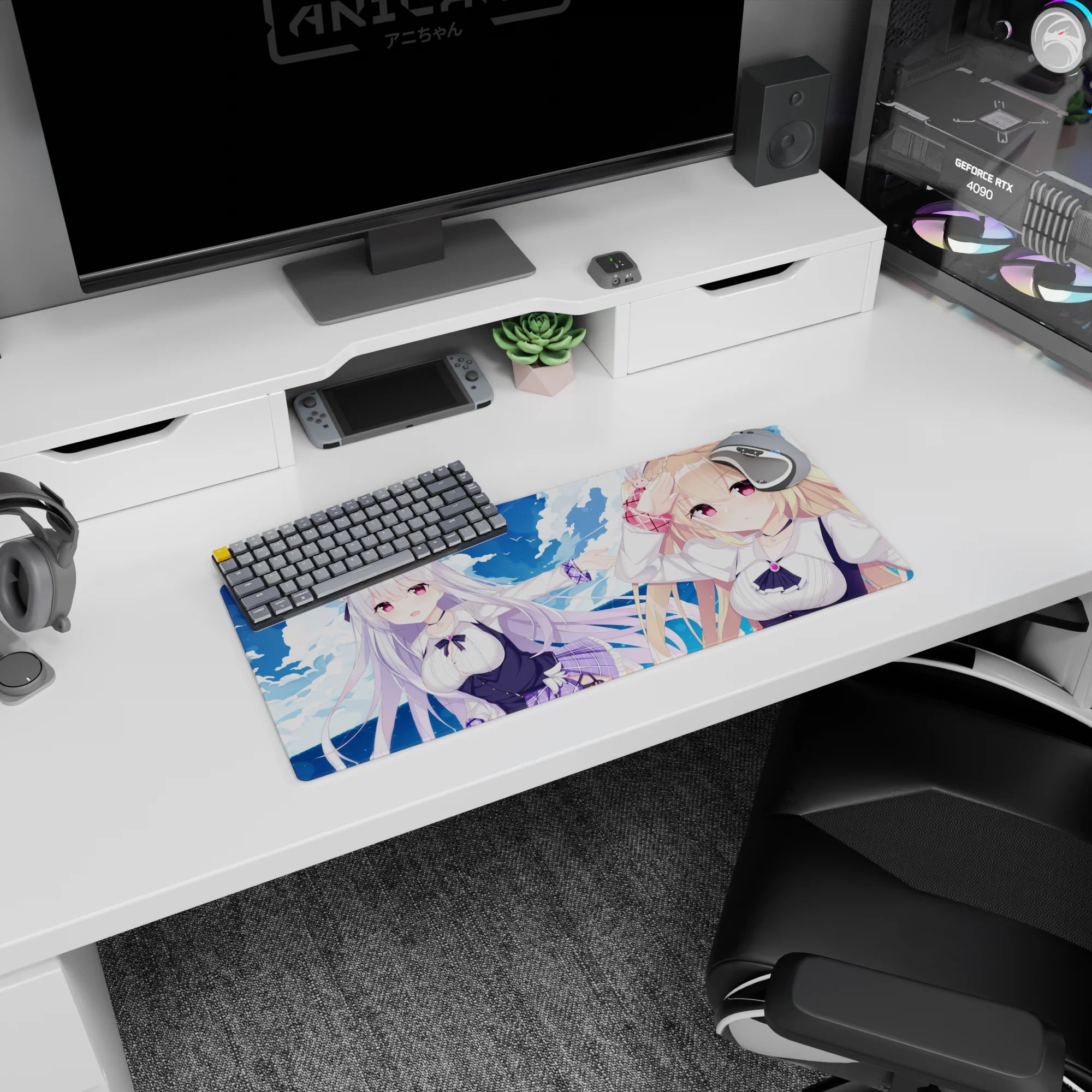 28x12 inches anime girl mouse pad featuring blonde with bunny clip and silver-haired girl mid-adventure.