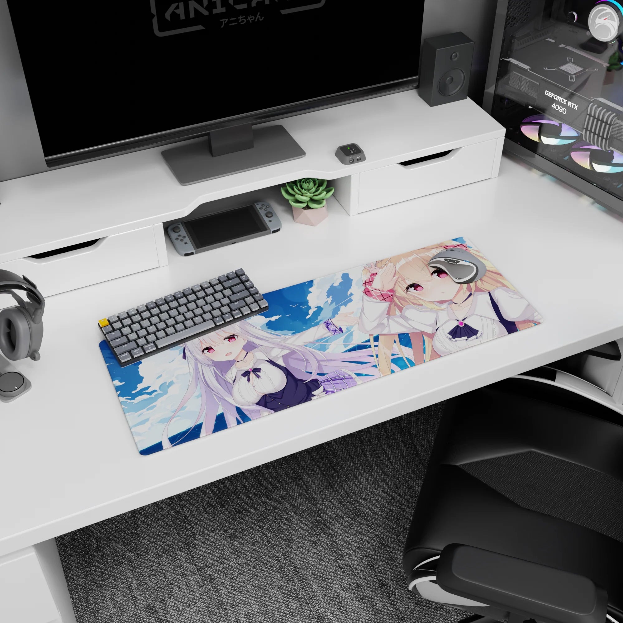 32x12 inches mouse pad featuring blonde with bunny clip and silver-haired anime girl mid-adventure by the sea.