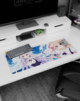 32x12 inches mouse pad featuring blonde with bunny clip and silver-haired anime girl mid-adventure by the sea.