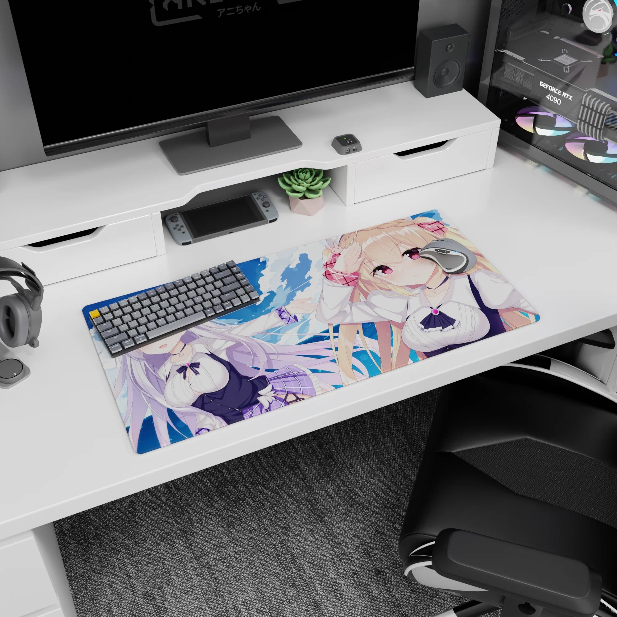 32x16 inches mouse pad showing blonde girl with bunny clip and silver-haired girl mid-adventure by the sea.