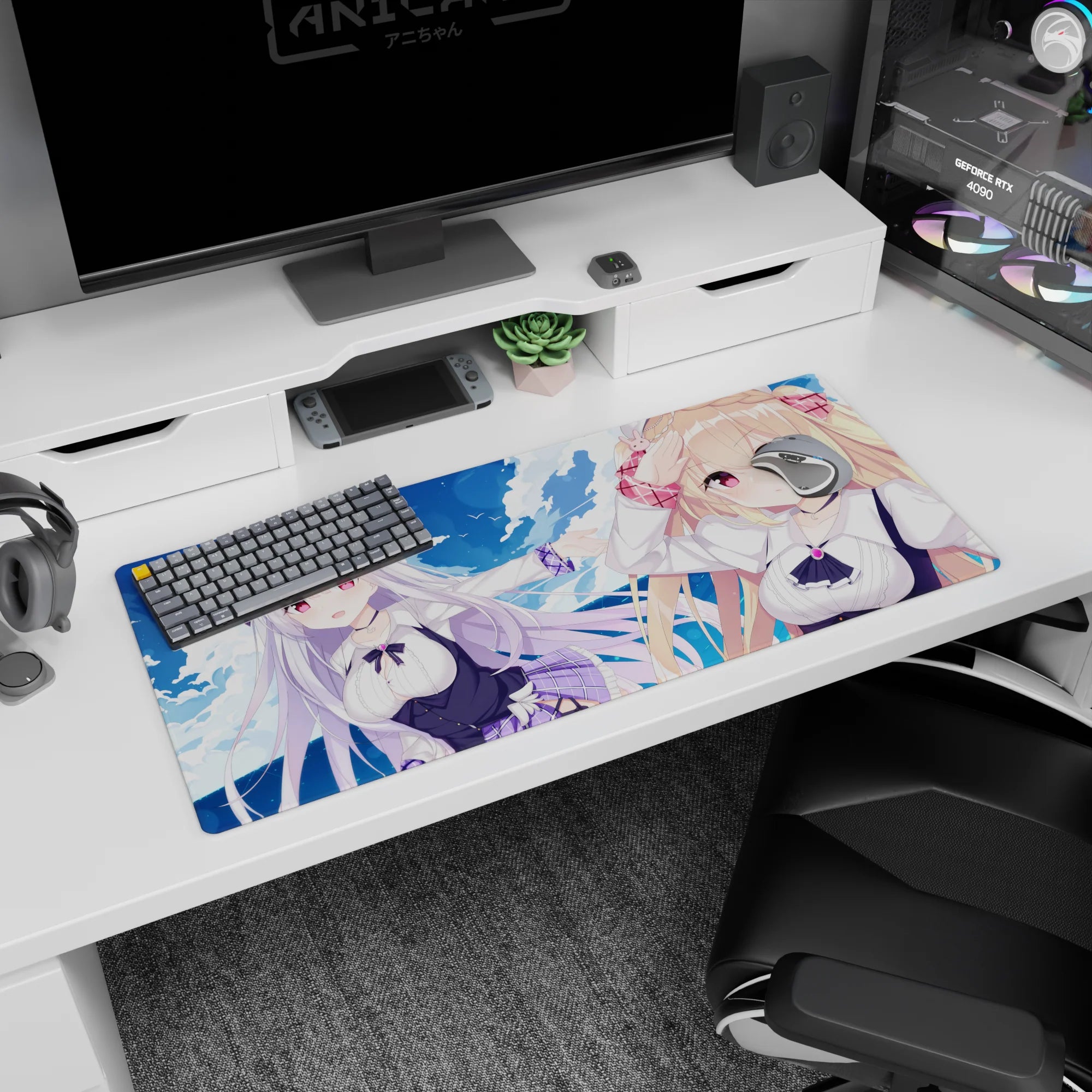 36x16 inches anime desk pad showing blonde with bunny clip and silver-haired girl adventuring in sky.