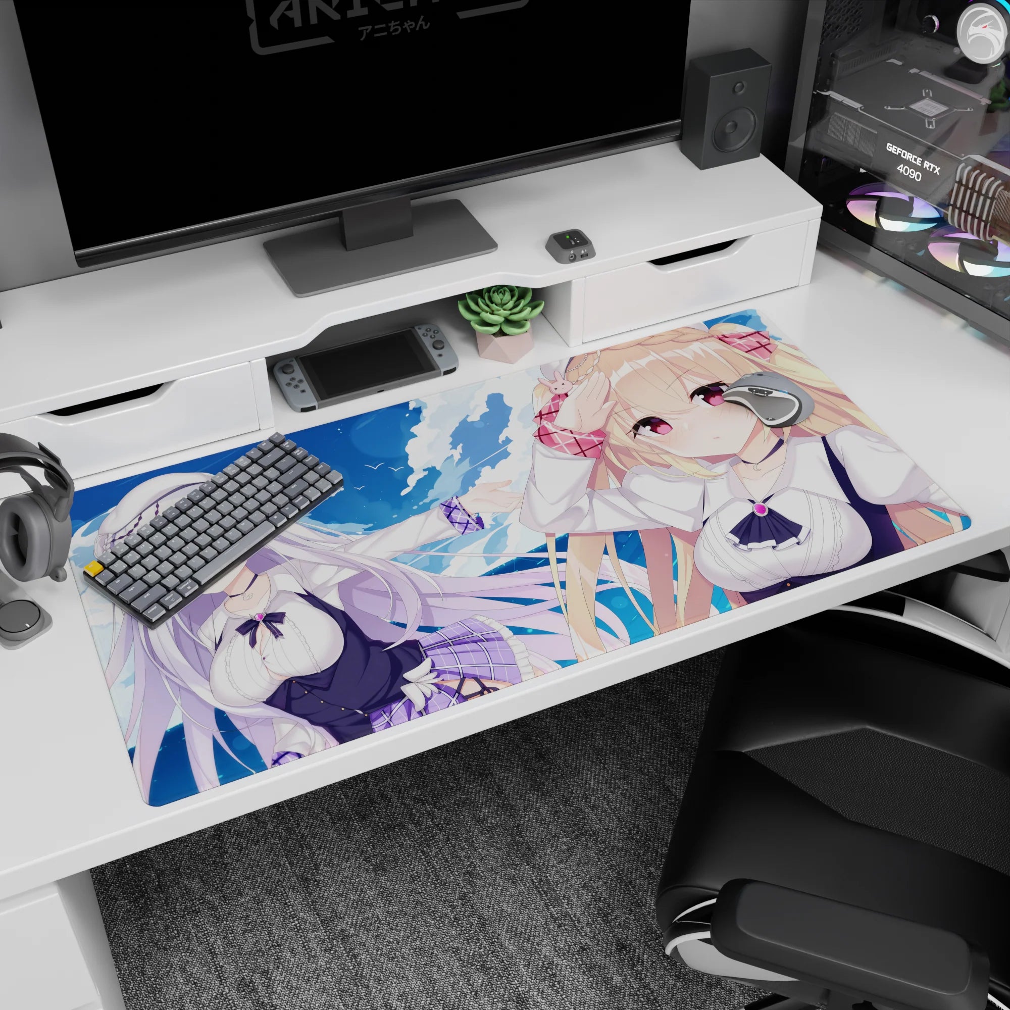 40x20 inches anime girl desk pad with blonde bunny-clip girl and silver-haired girl mid-adventure in clouds.