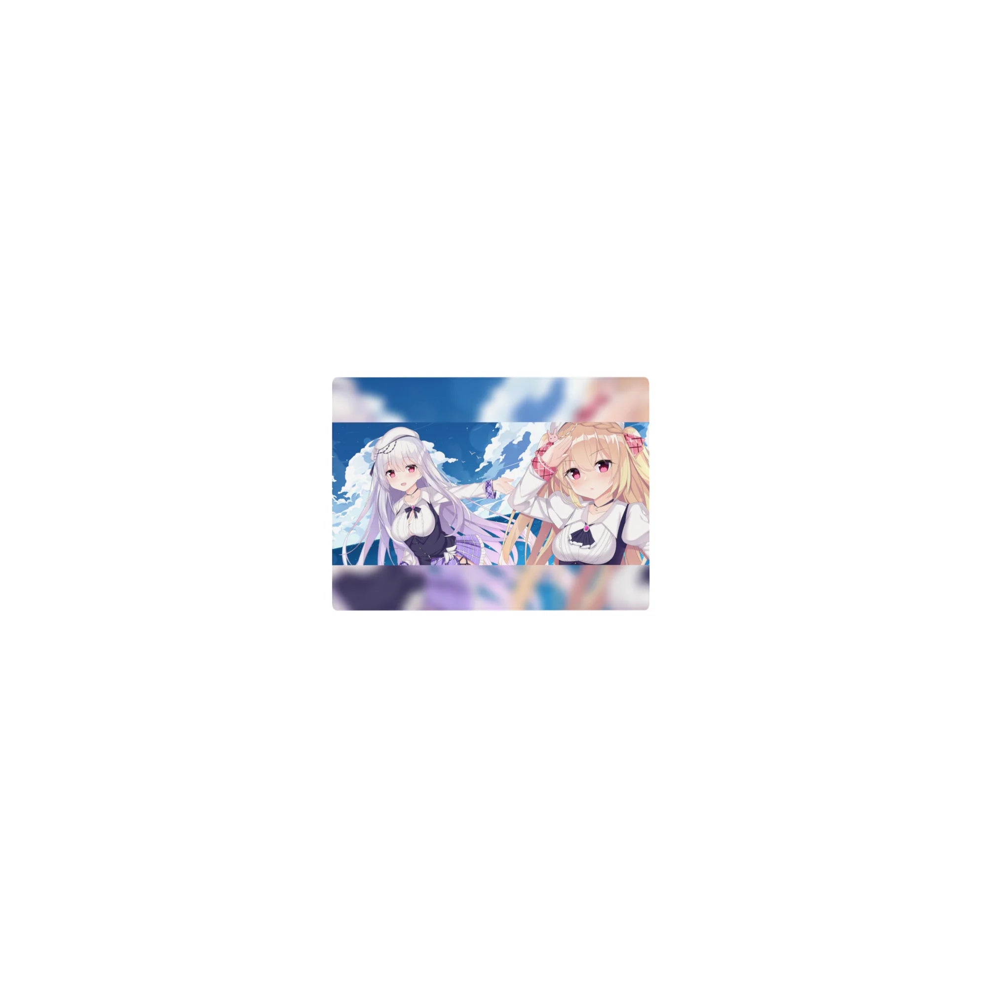 Classic anime girl mouse pad 14x10 inches with two girls, ribbons, plaid accents, ocean sky backdrop.