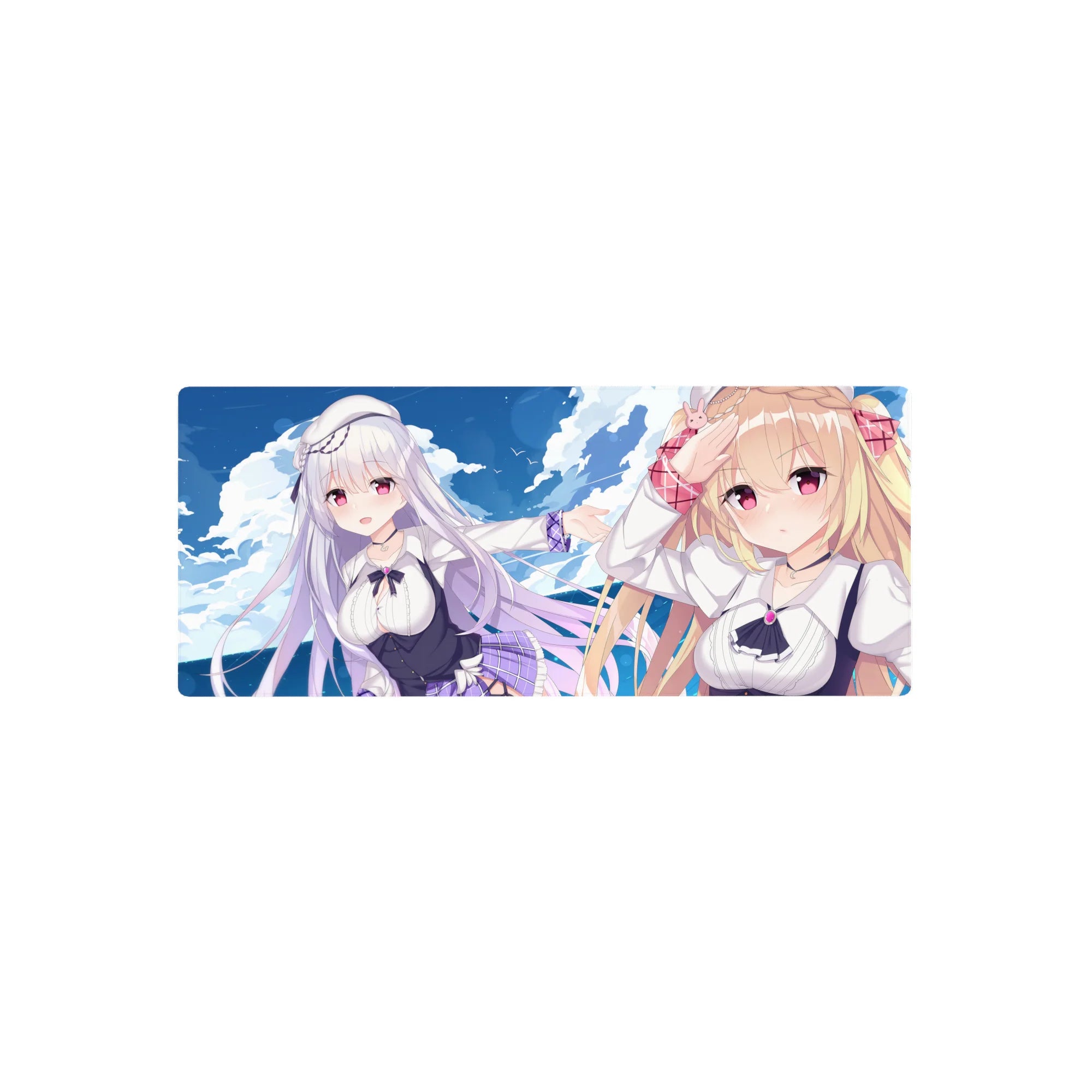 Anime girl mouse pad 28x12 inches with two original girls, ribbons, plaid accents, ocean sky background.