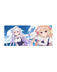 Anime girl mouse pad 28x12 inches with two original girls, ribbons, plaid accents, ocean sky background.