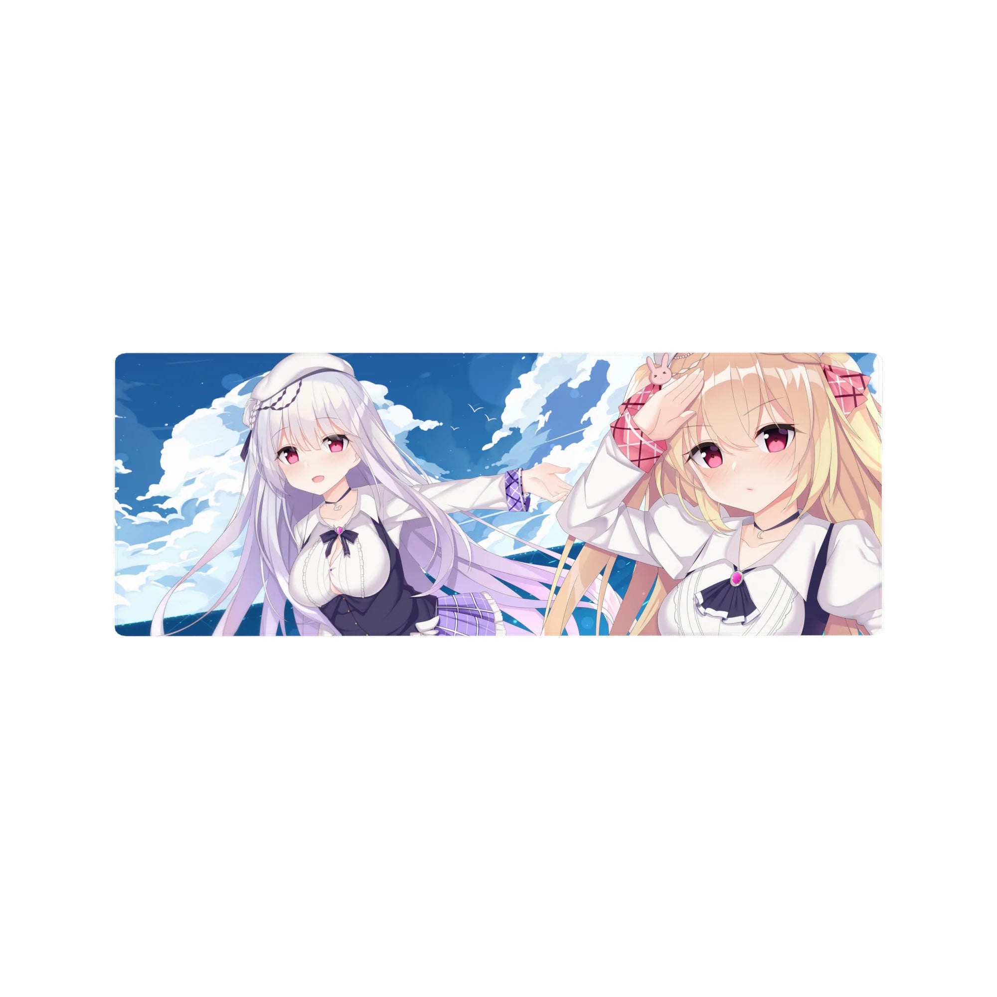 32x12 inches anime girl mouse pad with two original girls, ribbons, bunny clip, clouds and ocean backdrop.