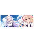 32x12 inches anime girl mouse pad with two original girls, ribbons, bunny clip, clouds and ocean backdrop.