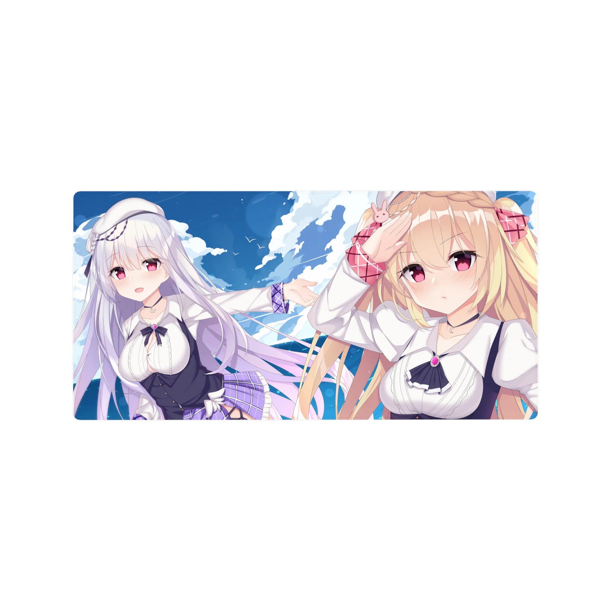 32x16 inches anime girl mouse pad with two original girls, ocean-sky background, ribbons, and plaid details.