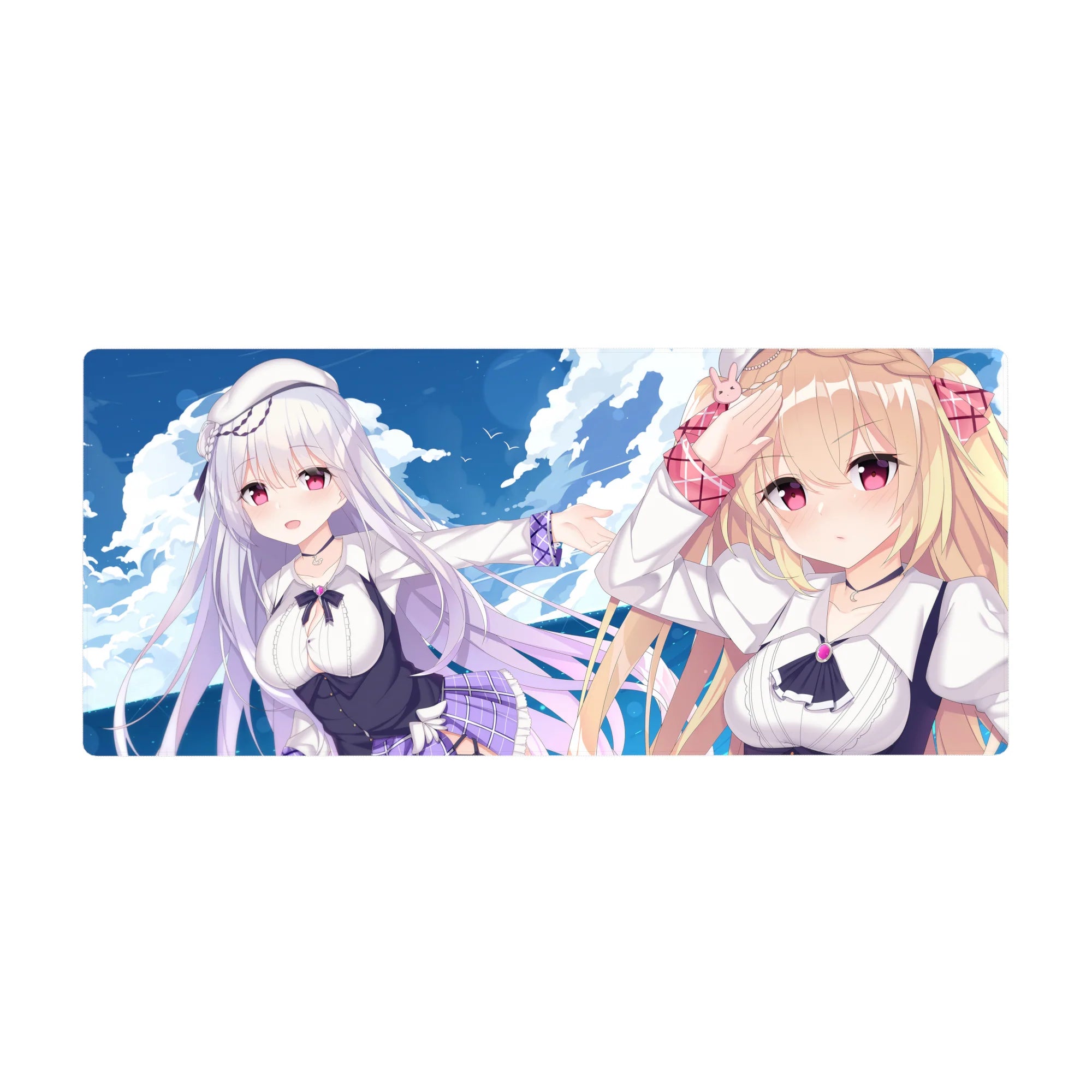 36x16 inches anime girl desk pad with ocean sky, clouds, two girls, ribbons, and plaid accents.