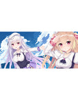 36x16 inches anime girl desk pad with ocean sky, clouds, two girls, ribbons, and plaid accents.