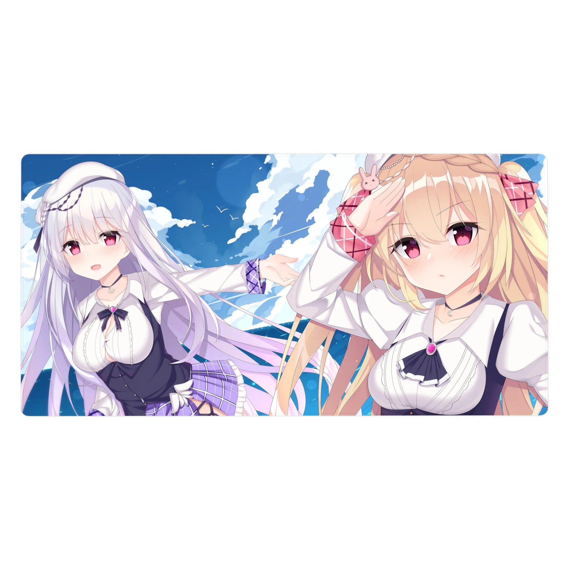40x20 inches anime girl desk pad with ocean sky, clouds, ribbons, plaid accents, and two original girls.