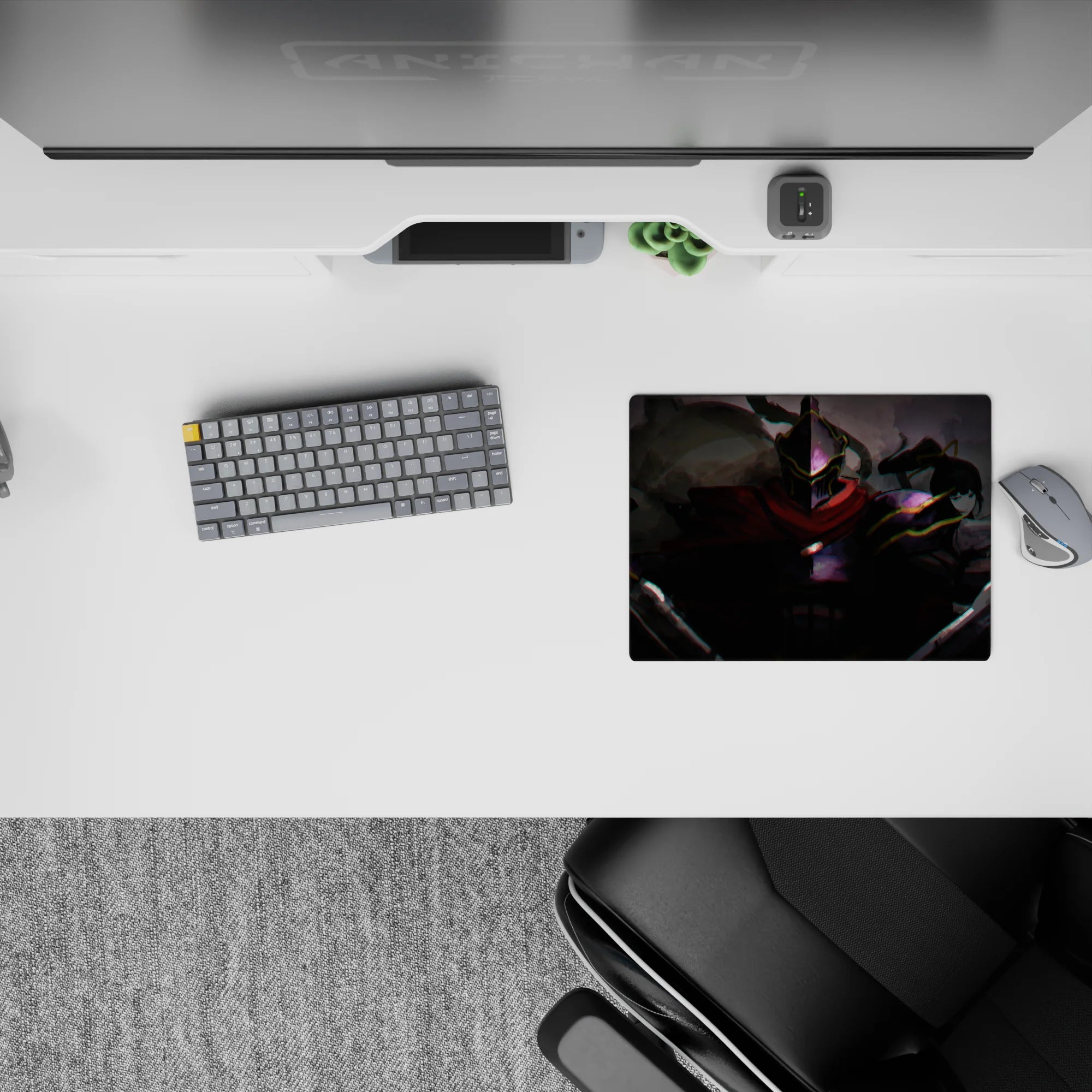14x10 inches classic anime mouse pad in smoky grays with crimson scarf and neon glitch edges, electric mood.