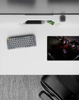 14x10 inches classic anime mouse pad in smoky grays with crimson scarf and neon glitch edges, electric mood.