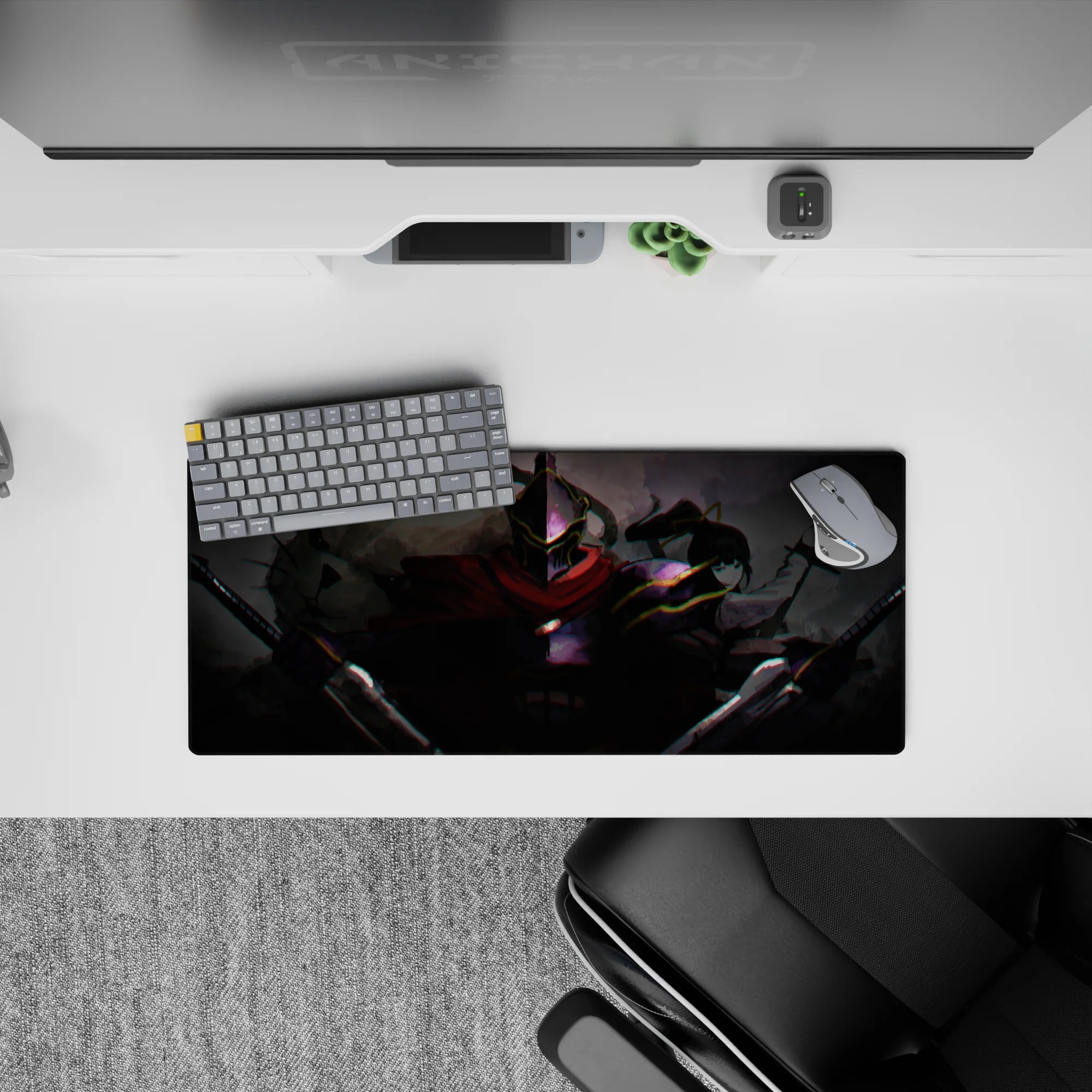 28x12 inches anime mouse pad in smoky grays with glitchy neon edges, electric dark fantasy mood.