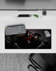 28x12 inches anime mouse pad in smoky grays with glitchy neon edges, electric dark fantasy mood.
