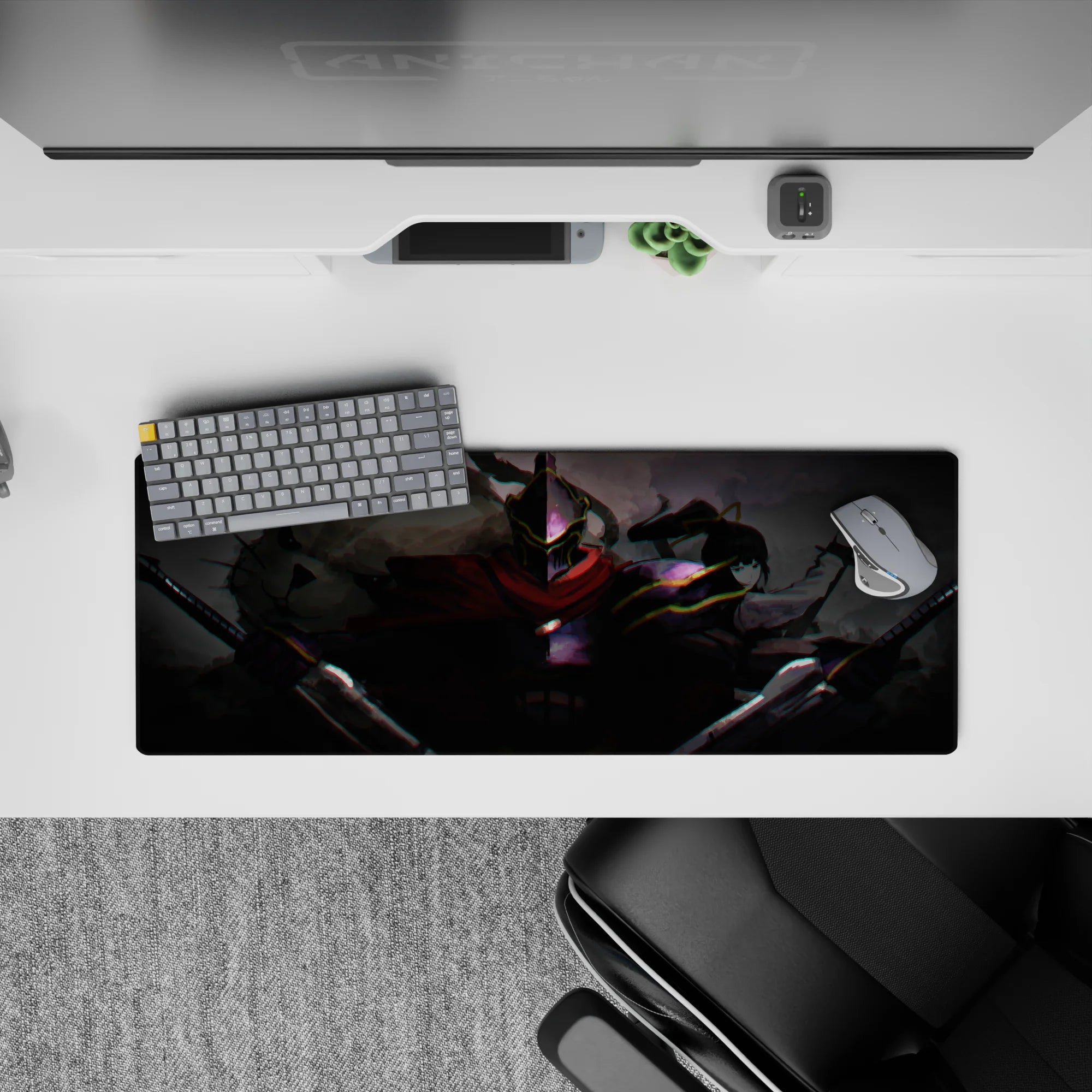 32x12 inches anime mouse pad in smoky grays with crimson pop and glitchy neon, electric mood.