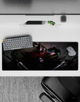 32x12 inches anime mouse pad in smoky grays with crimson pop and glitchy neon, electric mood.