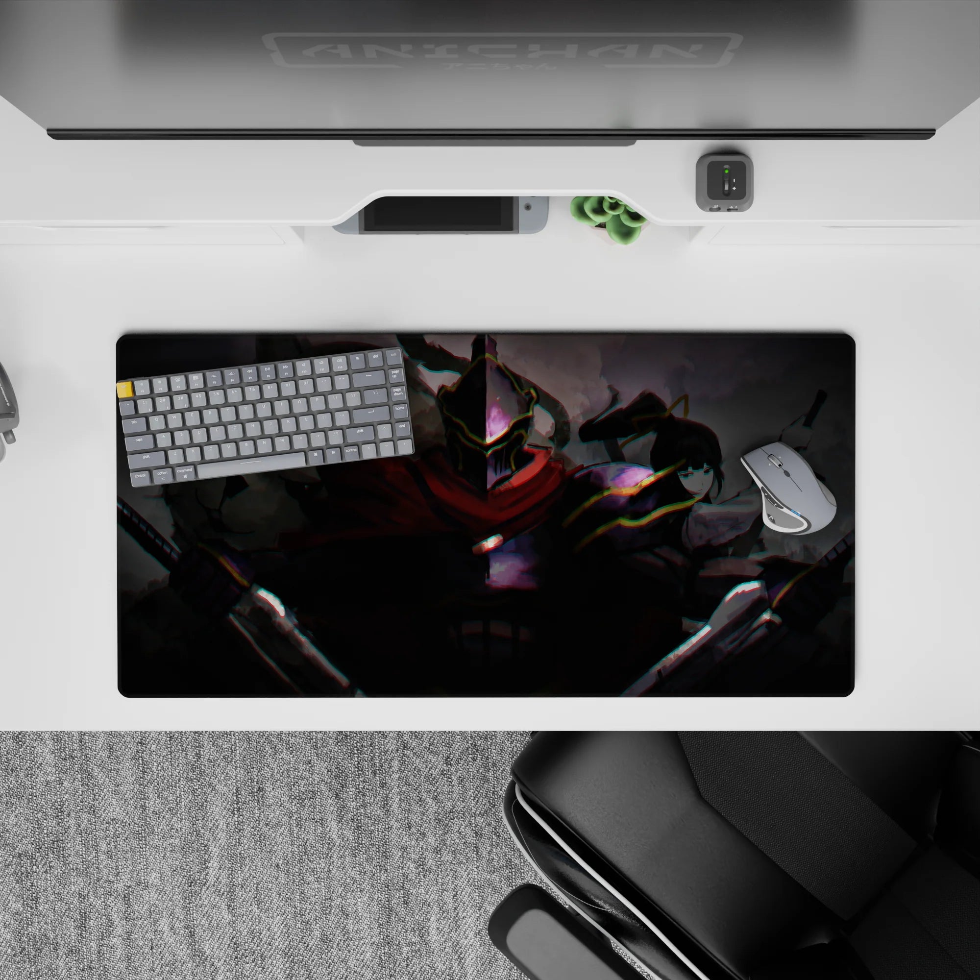 32x16 inches anime mouse pad in smoky grays with glitchy neon edges, electric mood and quiet danger.