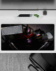 32x16 inches anime mouse pad in smoky grays with glitchy neon edges, electric mood and quiet danger.