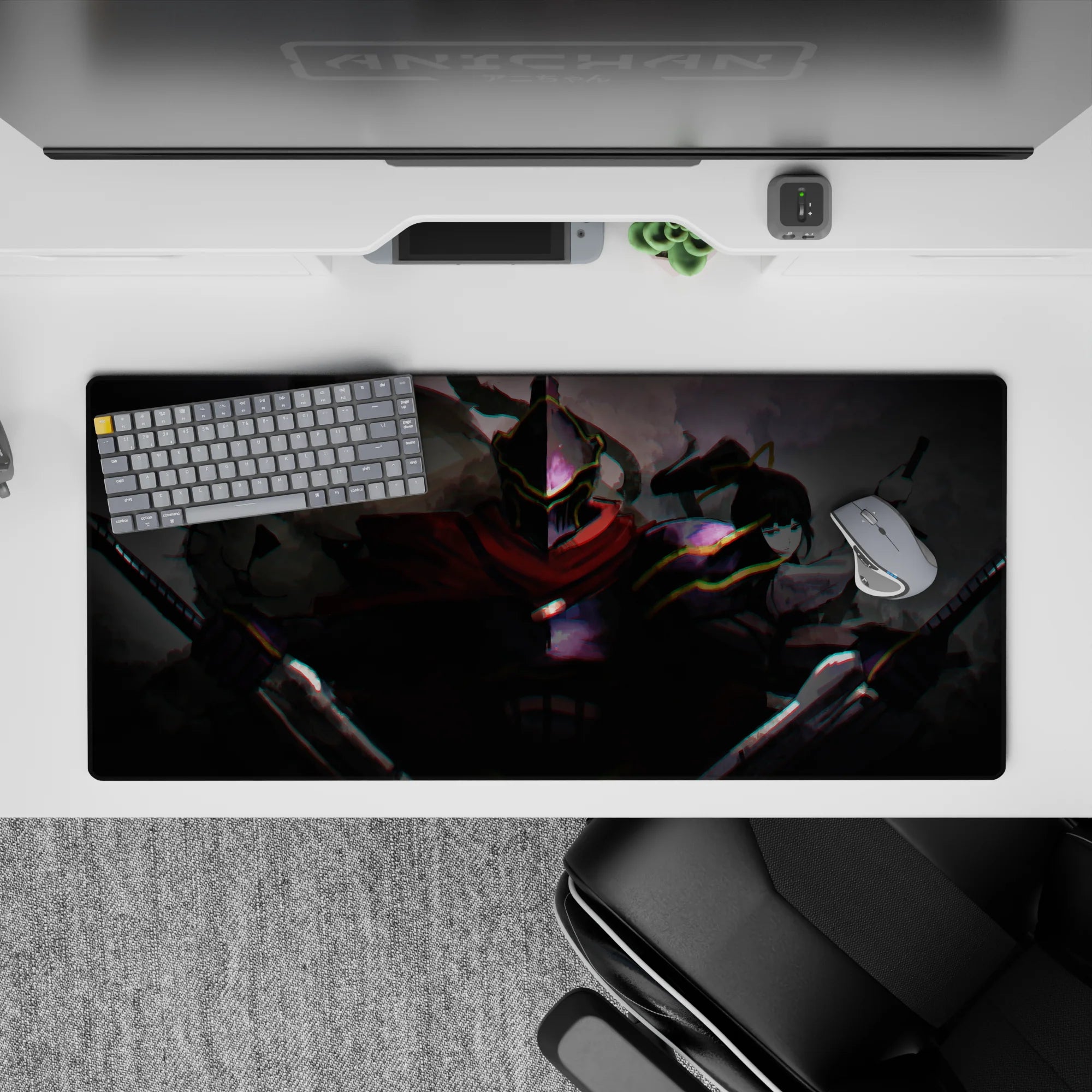 36x16 inches anime desk pad in smoky grays with crimson scarf and neon glitch edges, electric dark mood.
