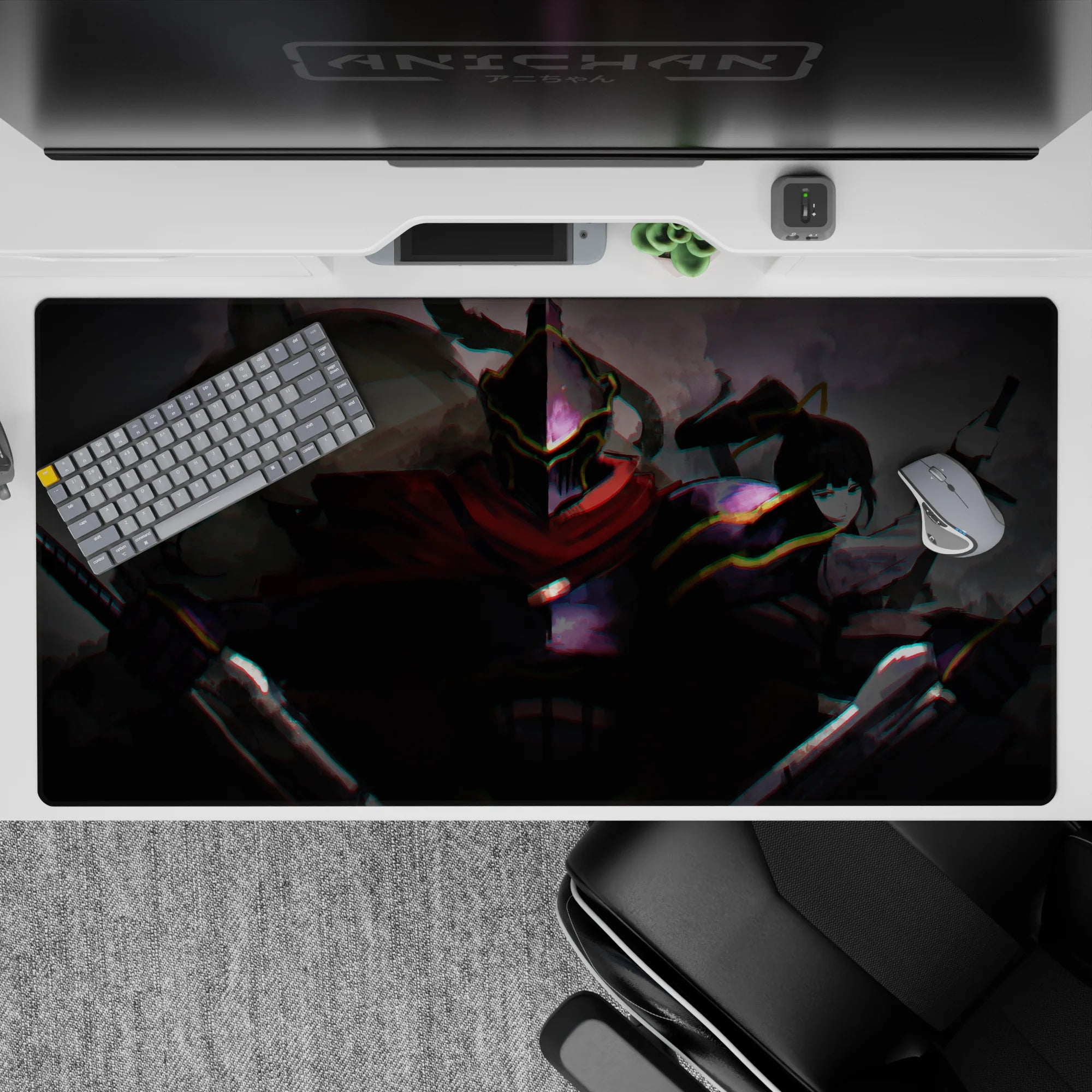 40x20 inches anime desk pad in smoky grays with glitchy neon accents and an electric, dark vibe.