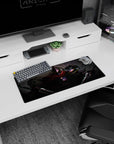 28x12 inches anime mouse pad showing armored knight front and a sharp-eyed blade fighter striking from behind.