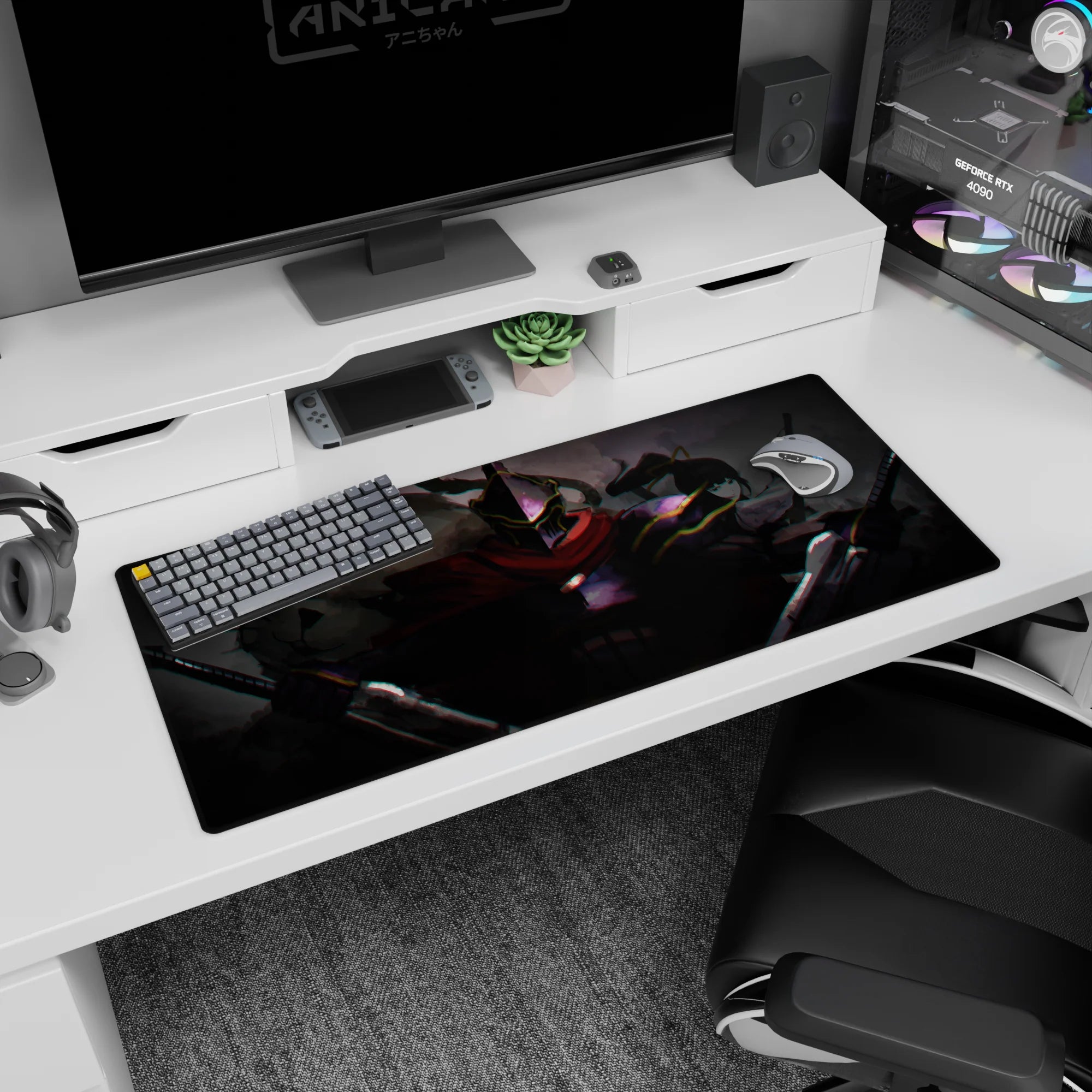 36x16 inches anime desk pad showing a hulking armored knight as a blade-wielding fighter strikes from behind.