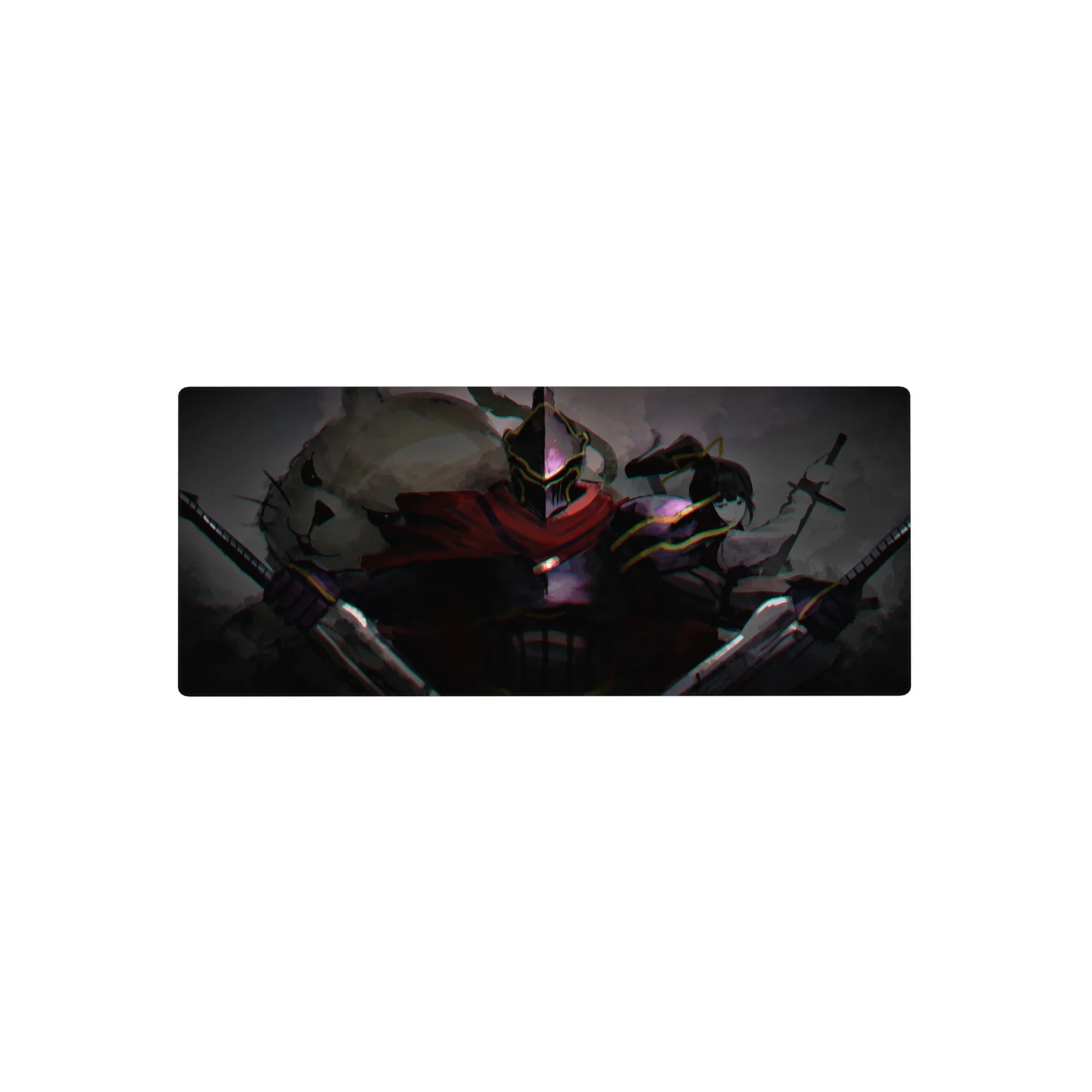 28x12 inches anime mouse pad with black steel knight, crimson scarf, and stealth fighter in sleek linework.