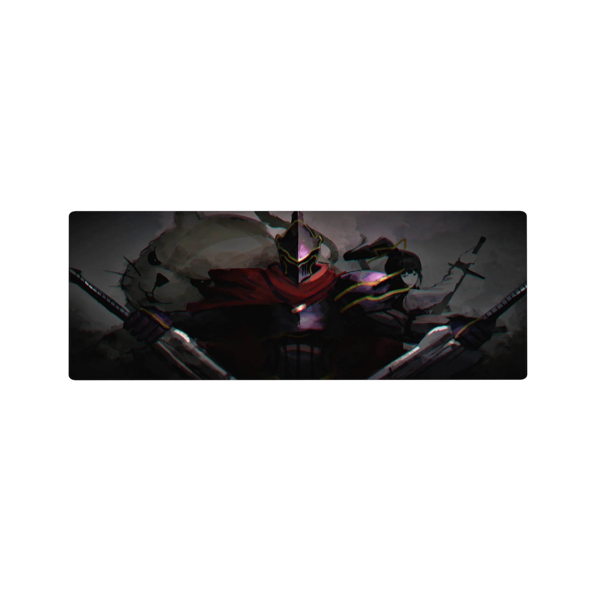32x12 inches anime mouse pad with black steel knight, crimson scarf, and neon-edged action art.