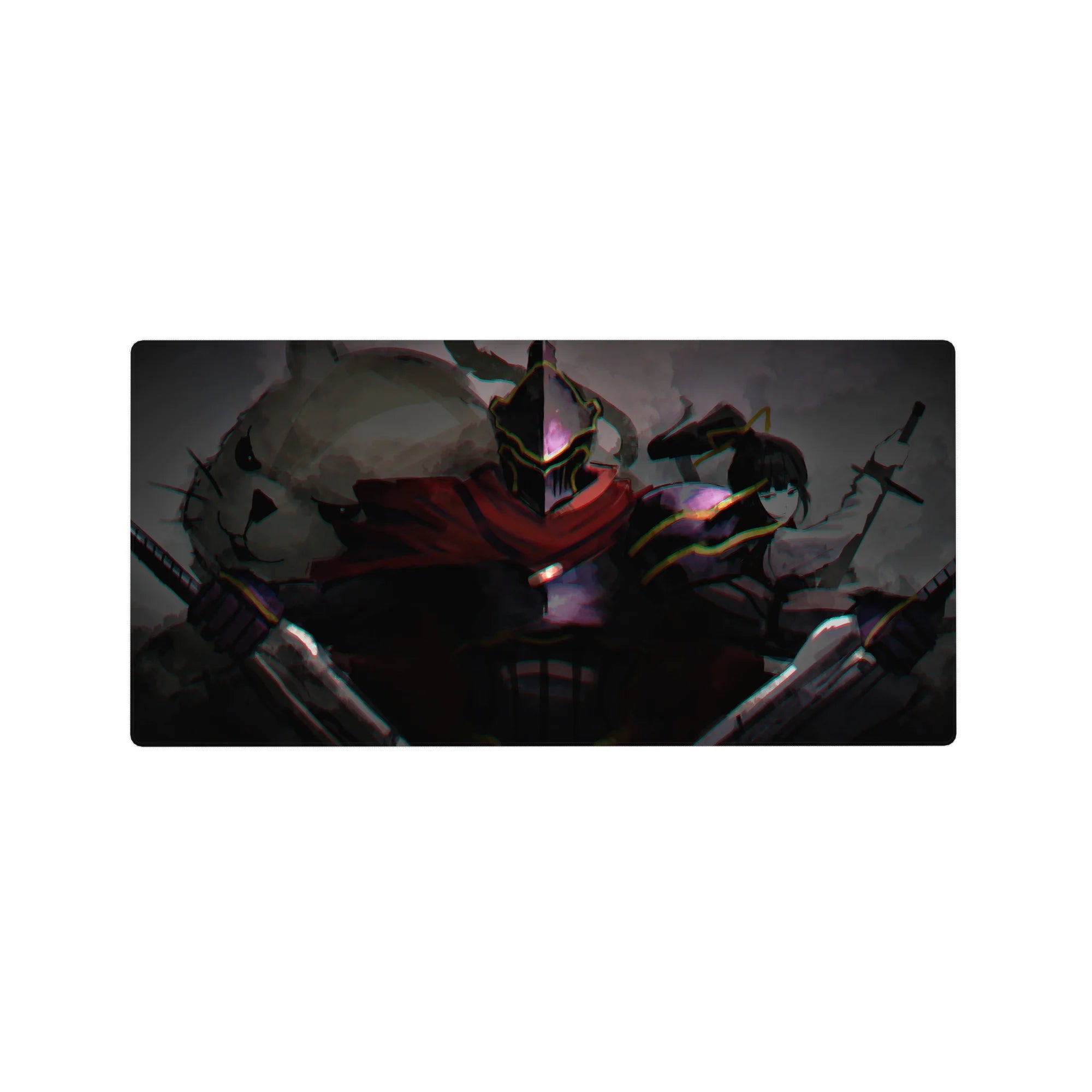 32x16 inches anime mouse pad with black steel knight, crimson scarf, and stealth fighter in smoky neon art.