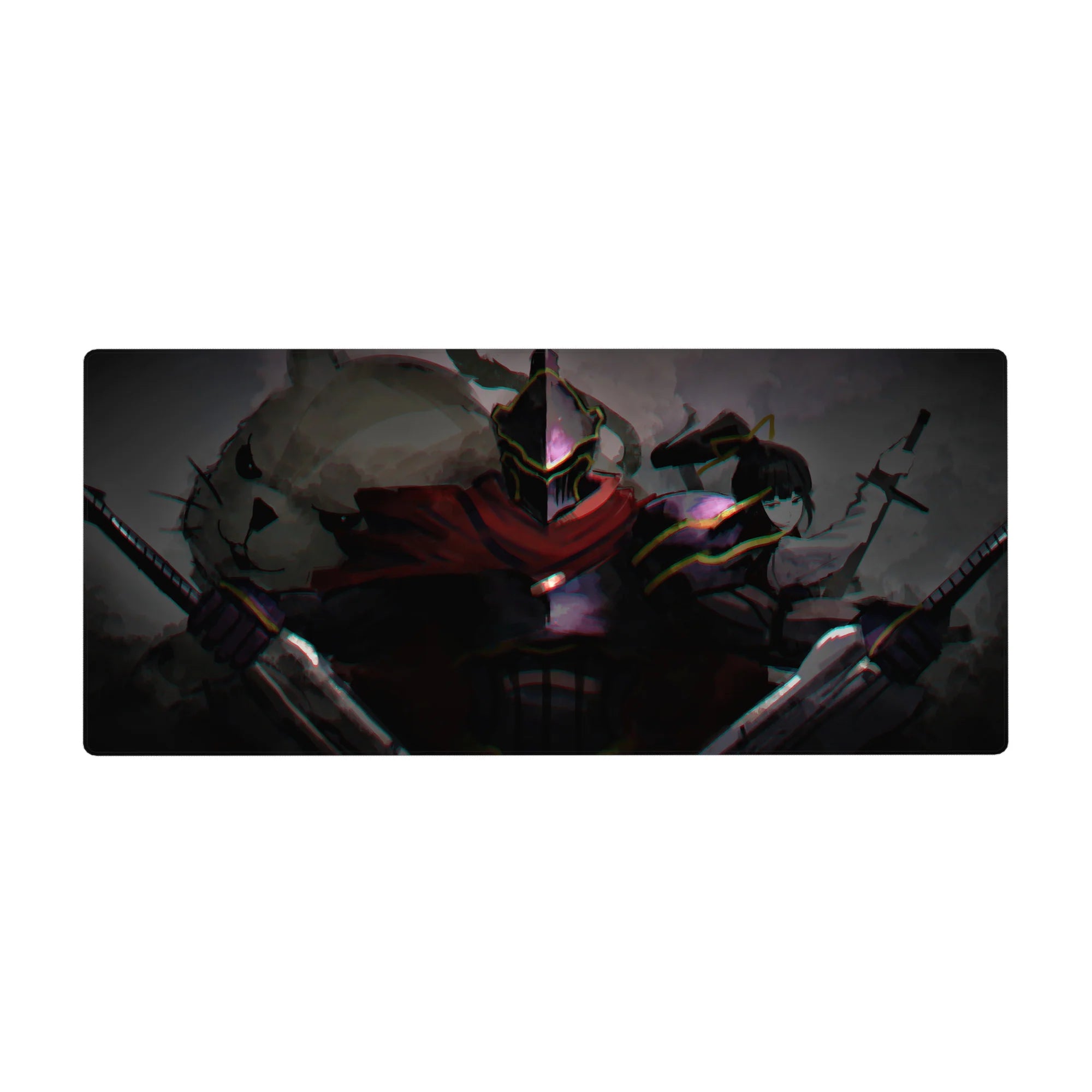 36x16 inches anime desk pad with black steel knight and stealth fighter, crisp linework and armor shine.
