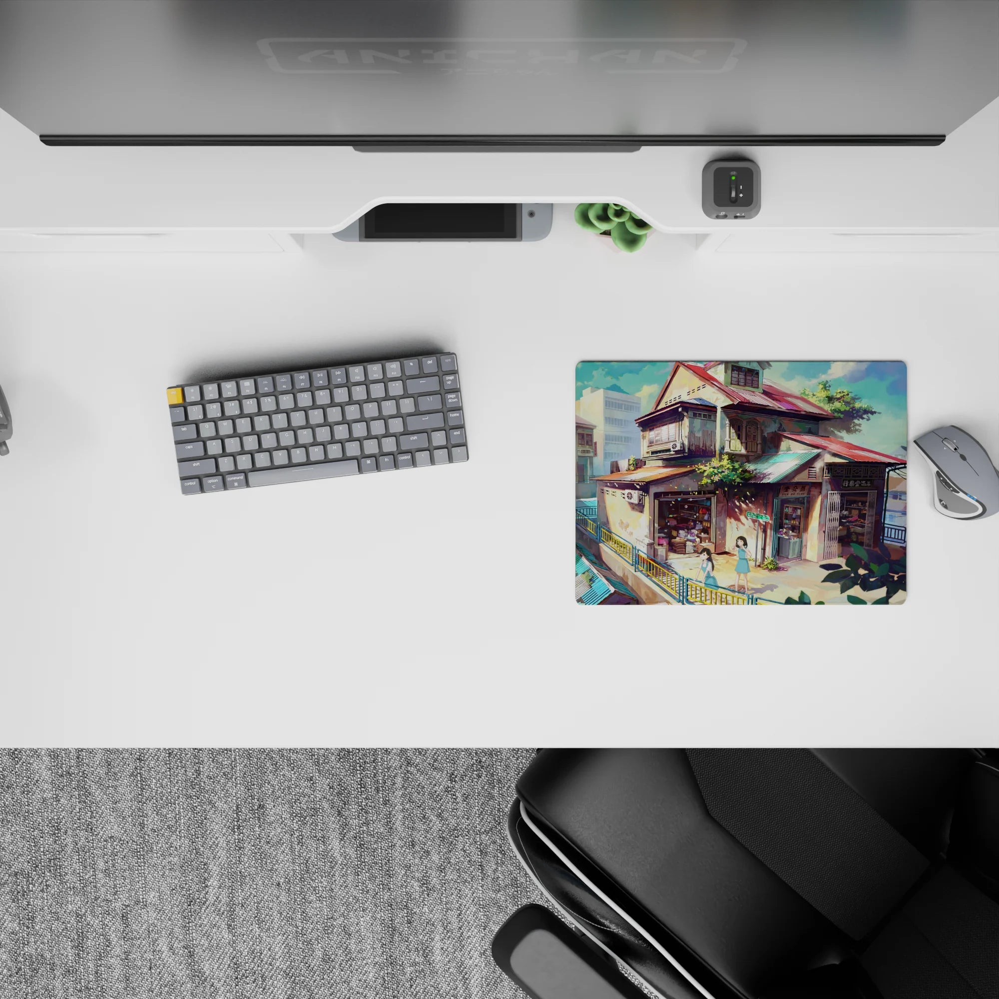 Teal and coral anime mouse pad 14x10 inches with warm honey shadows and calm late-afternoon vibes.