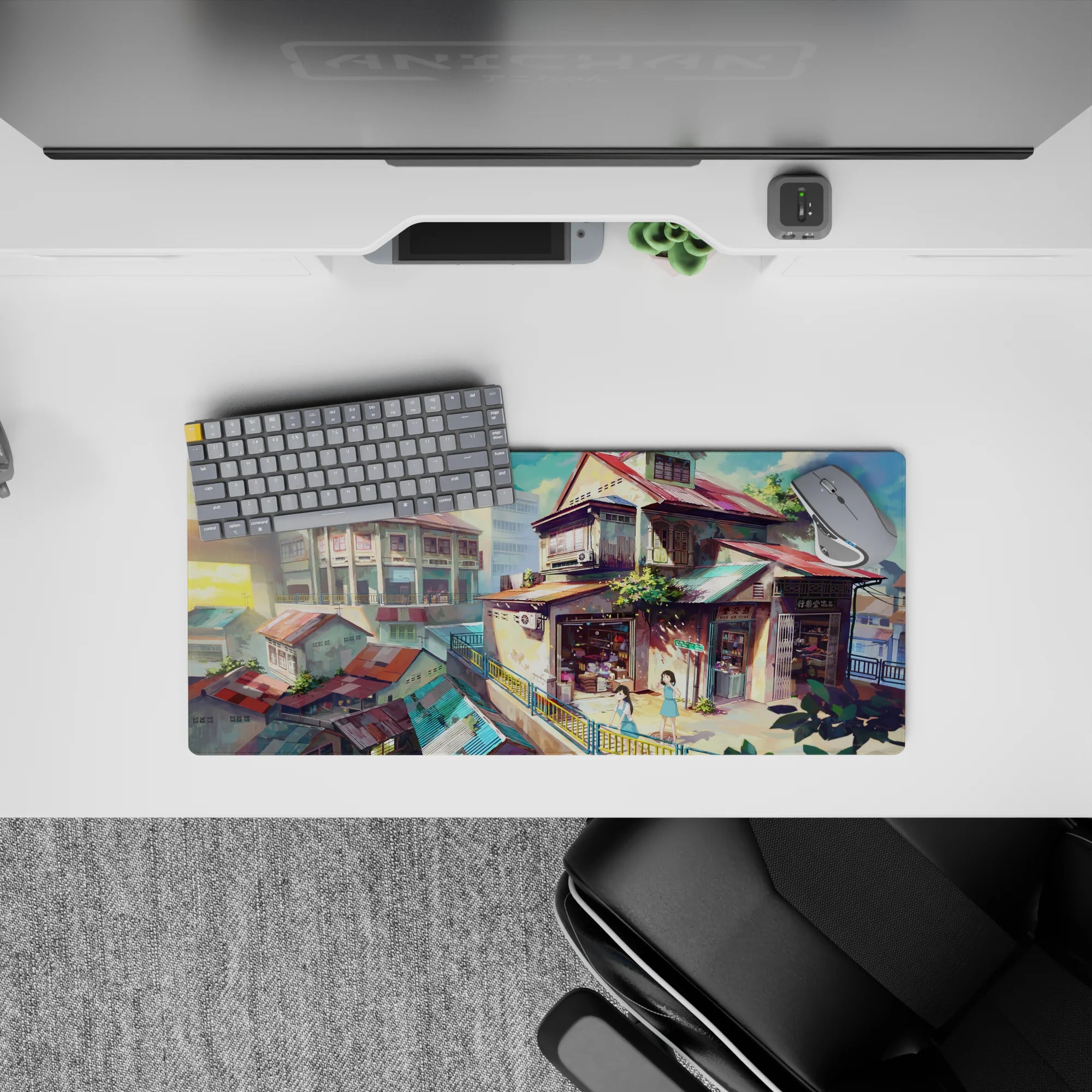 28x12 inches anime mouse pad in teal and coral with warm honey shadows, calm late-afternoon vibe.