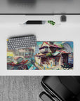 28x12 inches anime mouse pad in teal and coral with warm honey shadows, calm late-afternoon vibe.