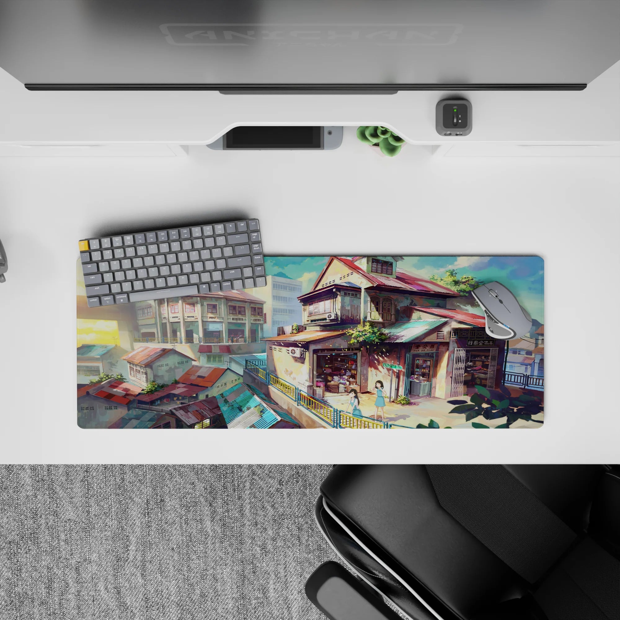 32x12 inches anime mouse pad in teal, coral, and honey shadows, calm late-afternoon vibe for desk setup.