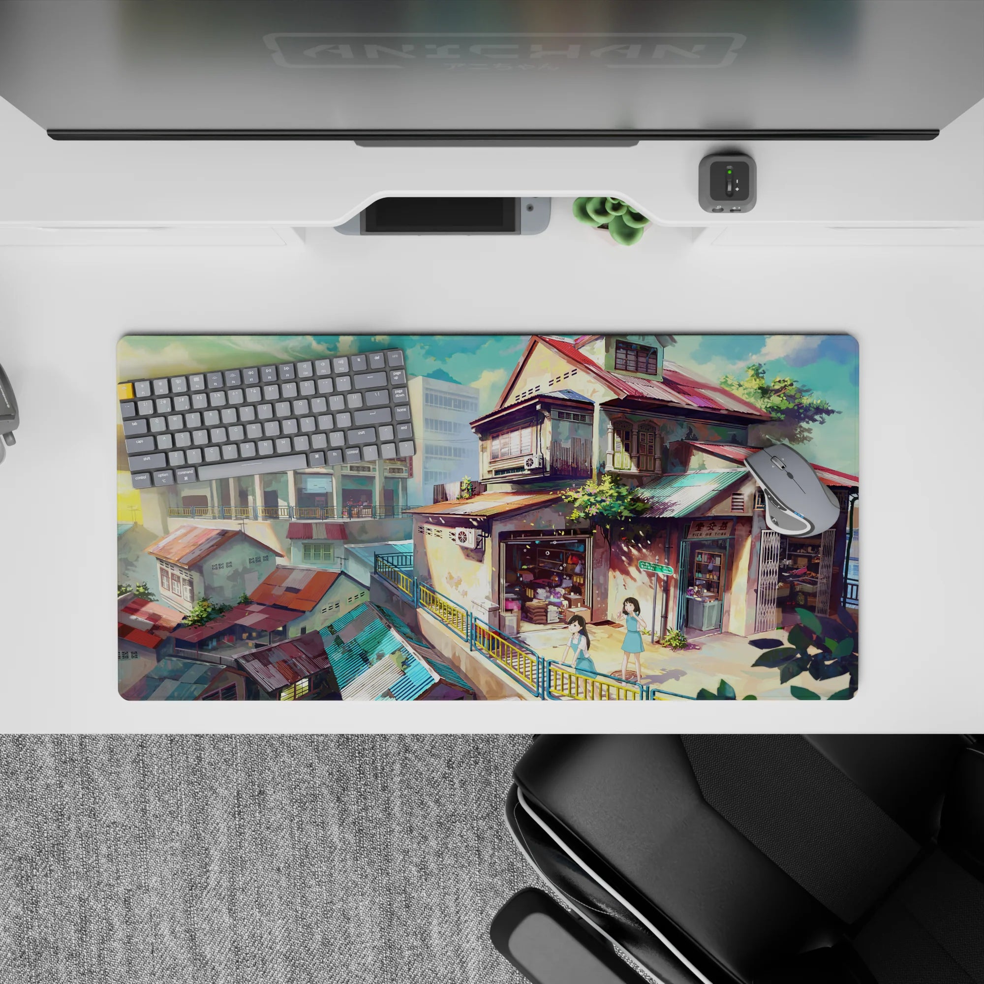 Teal, coral, and honey-shadow anime mouse pad 32x16 inches for a calm late-afternoon vibe.