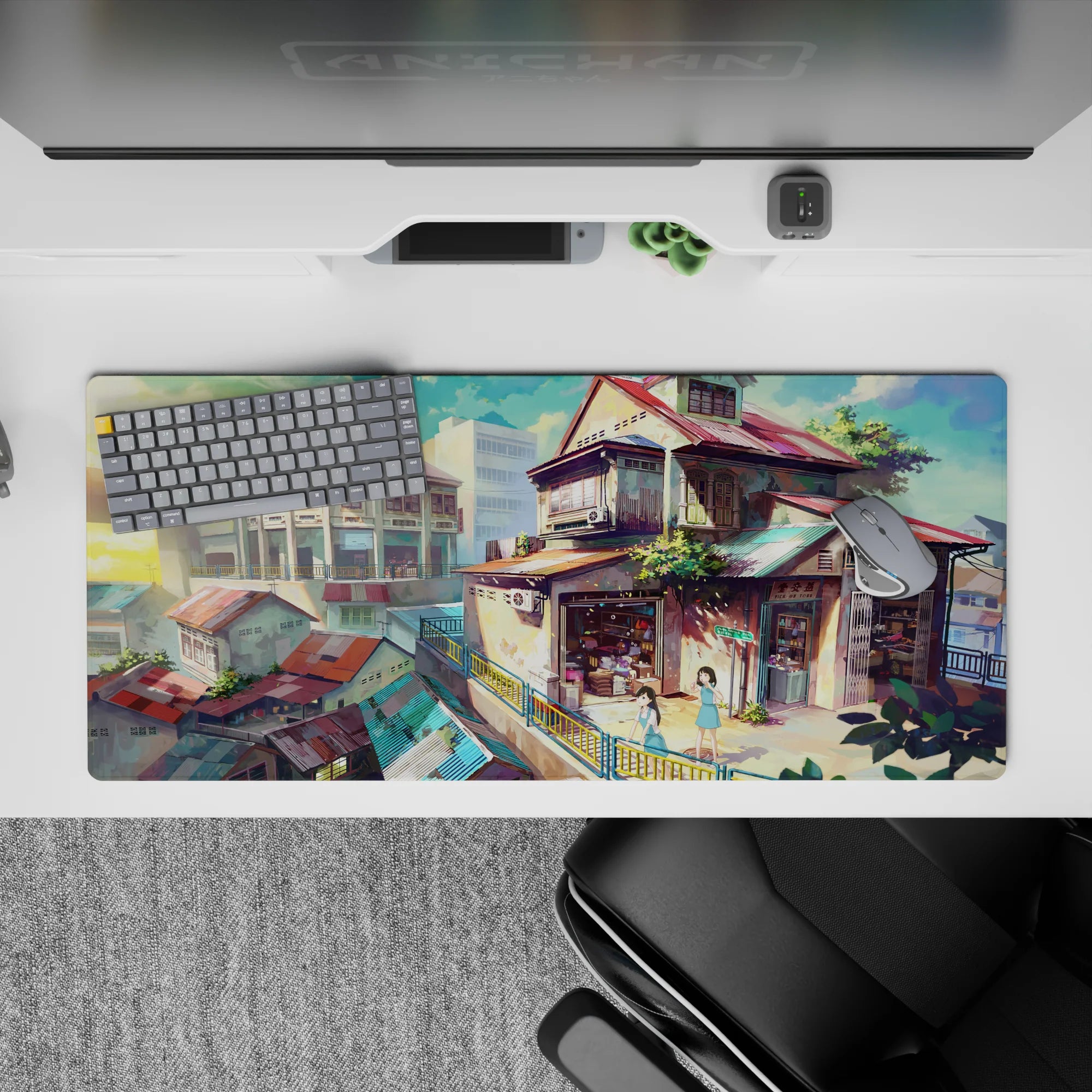 Teal and coral anime desk pad 36x16 inches with warm honey shadows and calm late-afternoon vibe.