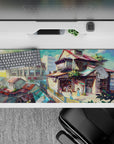 Teal and coral anime desk pad 36x16 inches with warm honey shadows and calm late-afternoon vibe.
