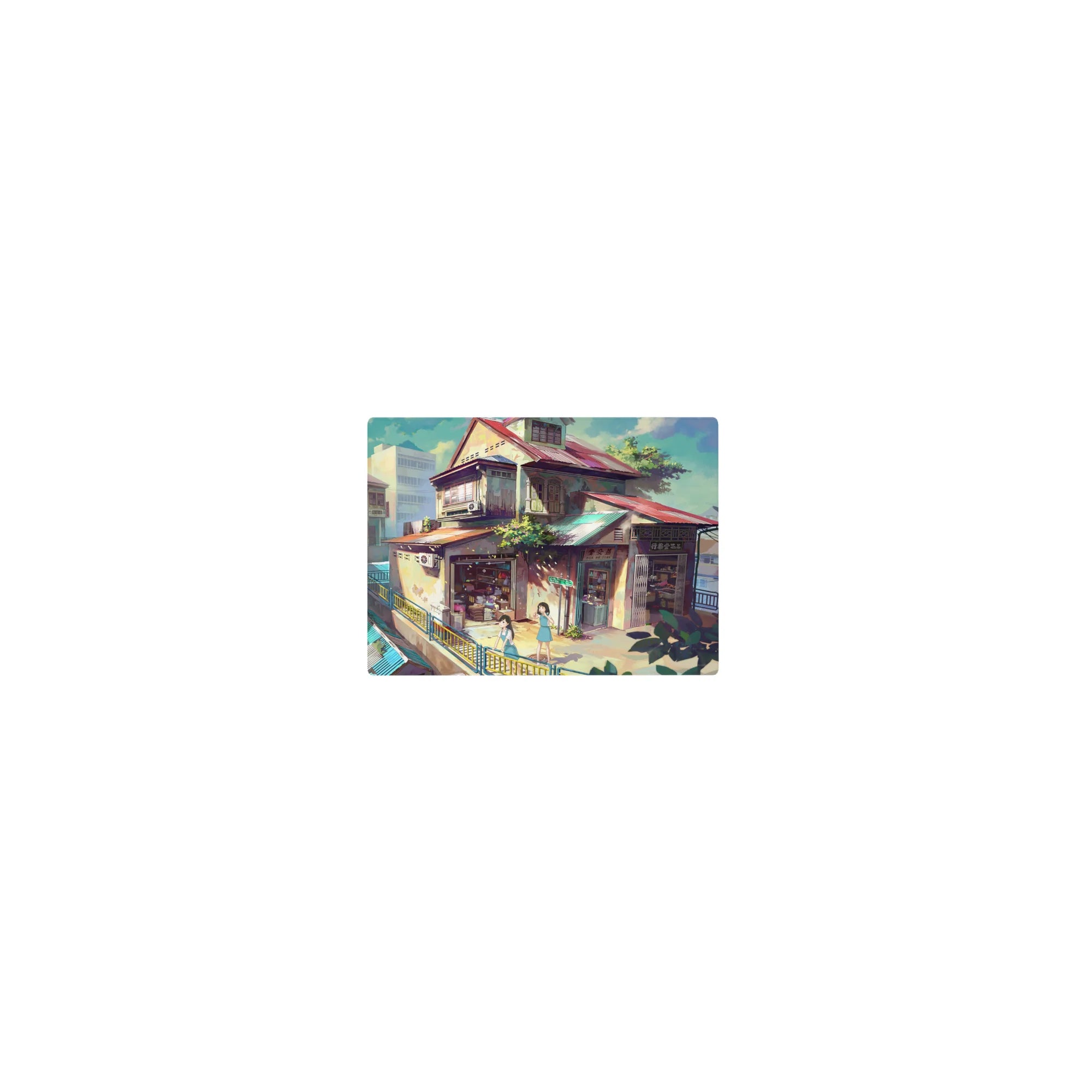 Classic anime mouse pad 14x10 inches with hillside rooftops, glowing shops, and two girls by a railing.