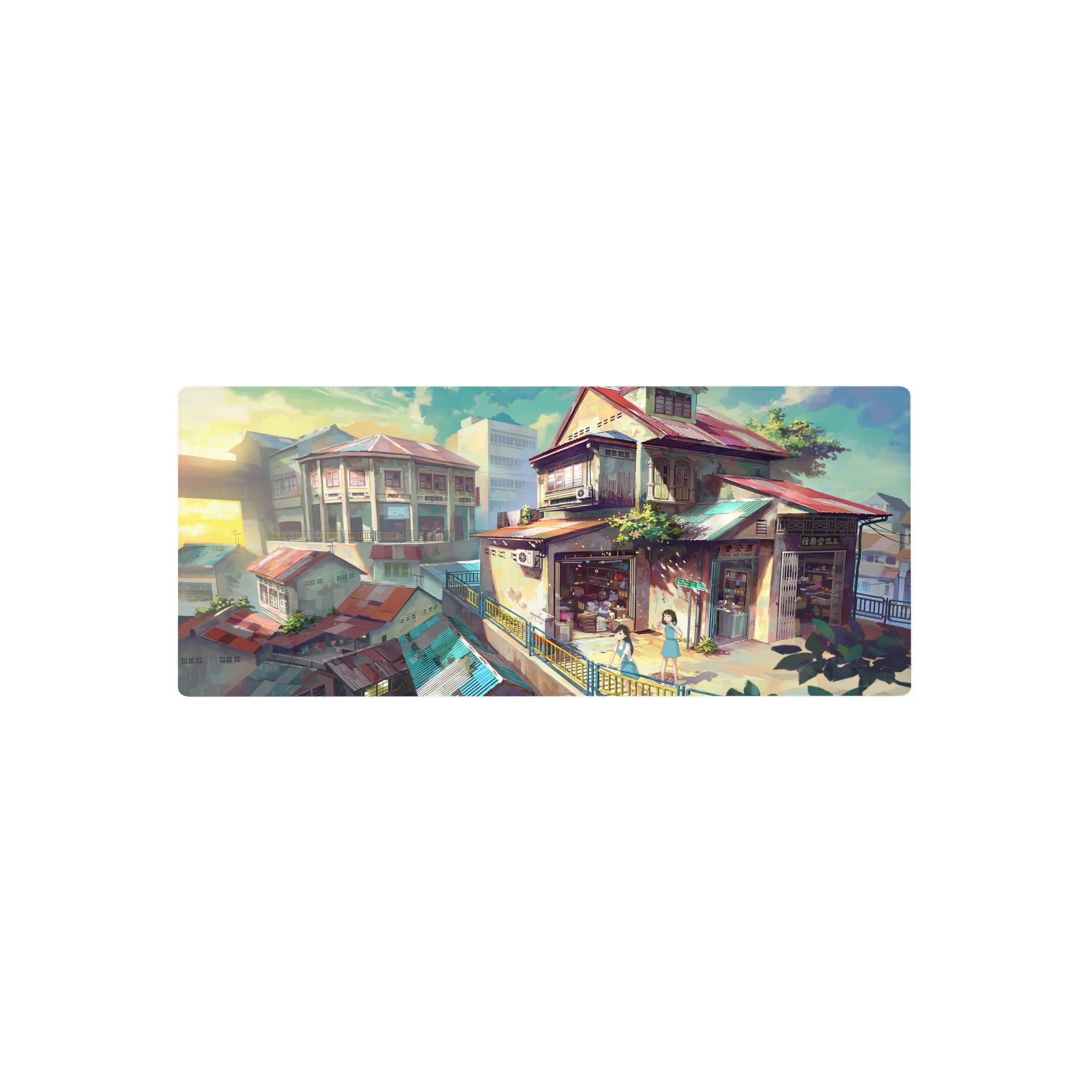 28x12 inches anime mouse pad with sunlit rooftops, cozy hillside shops, and crisp painted cityscape.