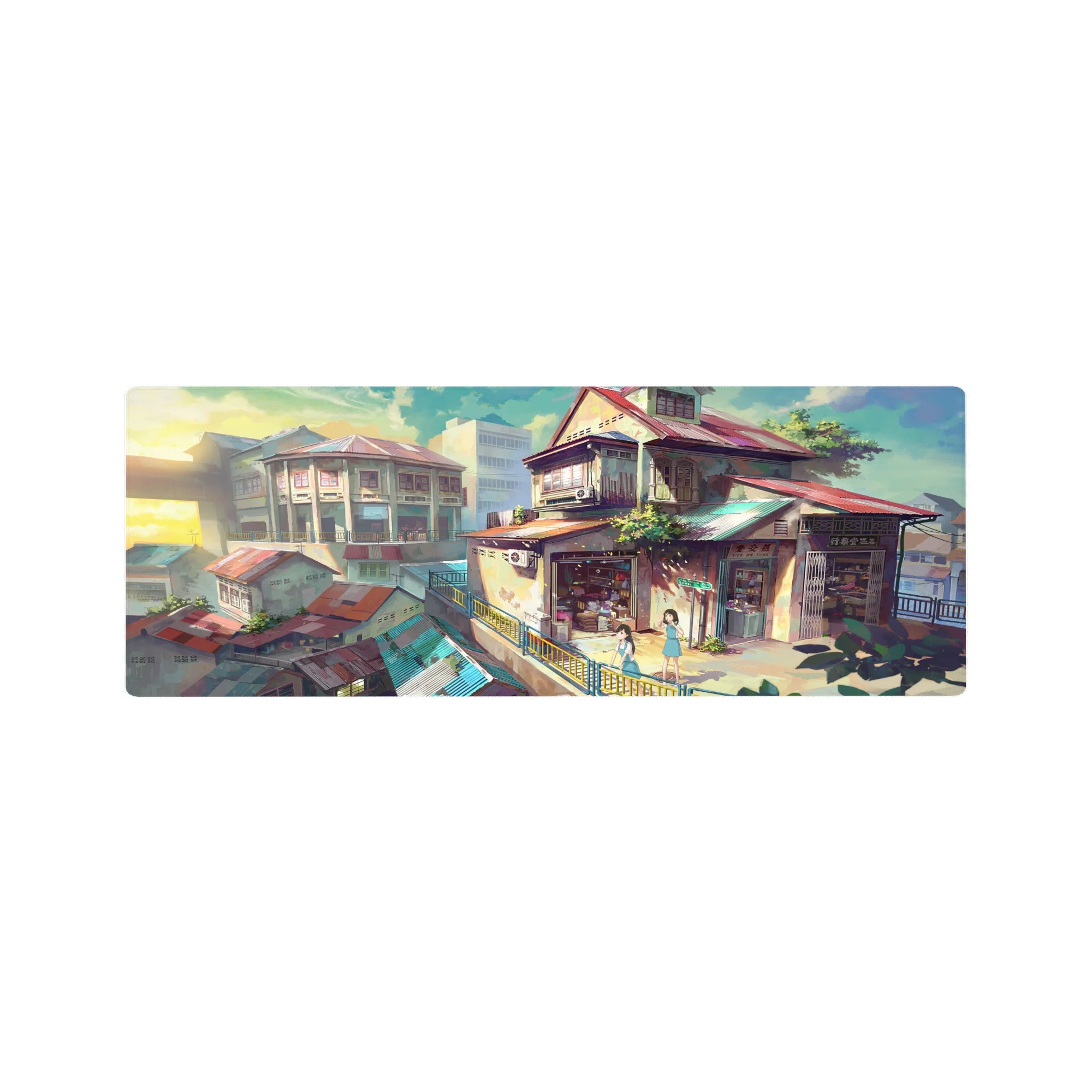 32x12 inches anime mouse pad with sunlit hillside rooftops, glowing shop windows, and crisp city lines.