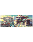 32x12 inches anime mouse pad with sunlit hillside rooftops, glowing shop windows, and crisp city lines.