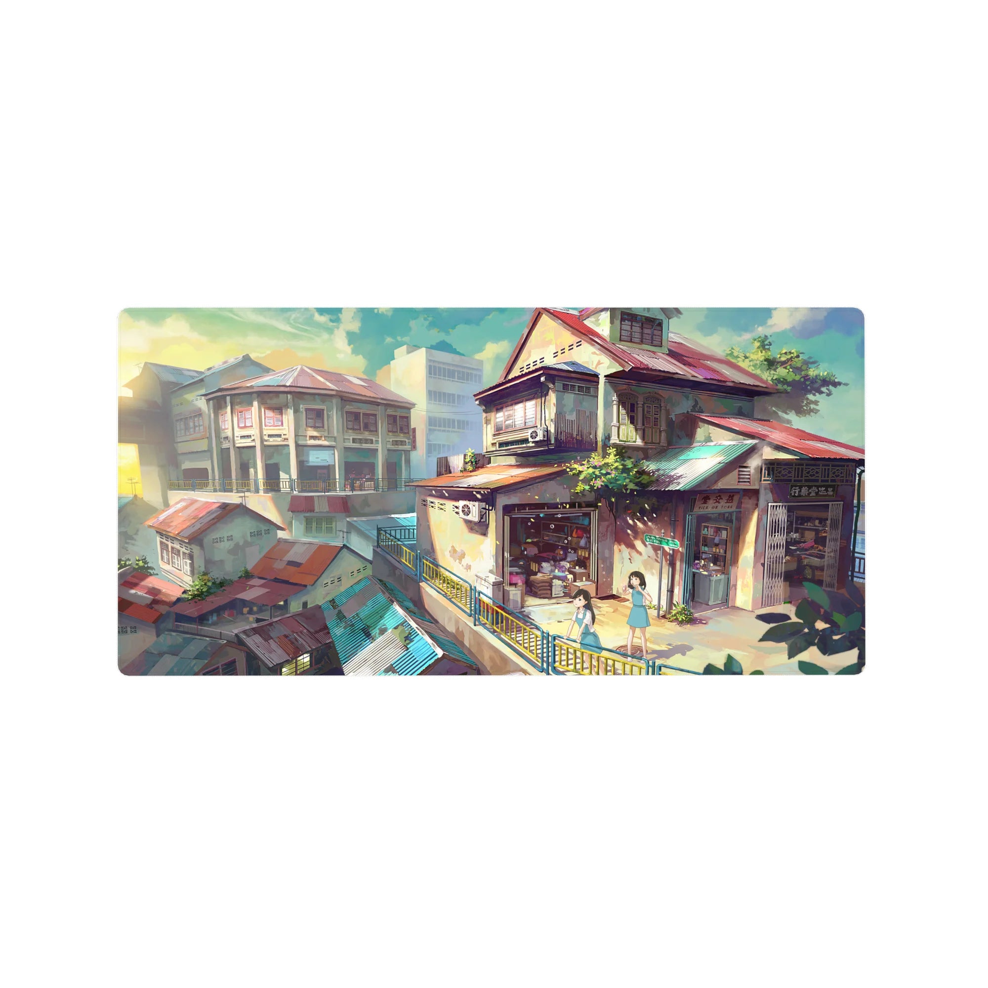 Anime mouse pad 32x16 inches with sunlit hillside rooftops, shops, and two girls by a railing.
