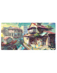 Anime mouse pad 32x16 inches with sunlit hillside rooftops, shops, and two girls by a railing.
