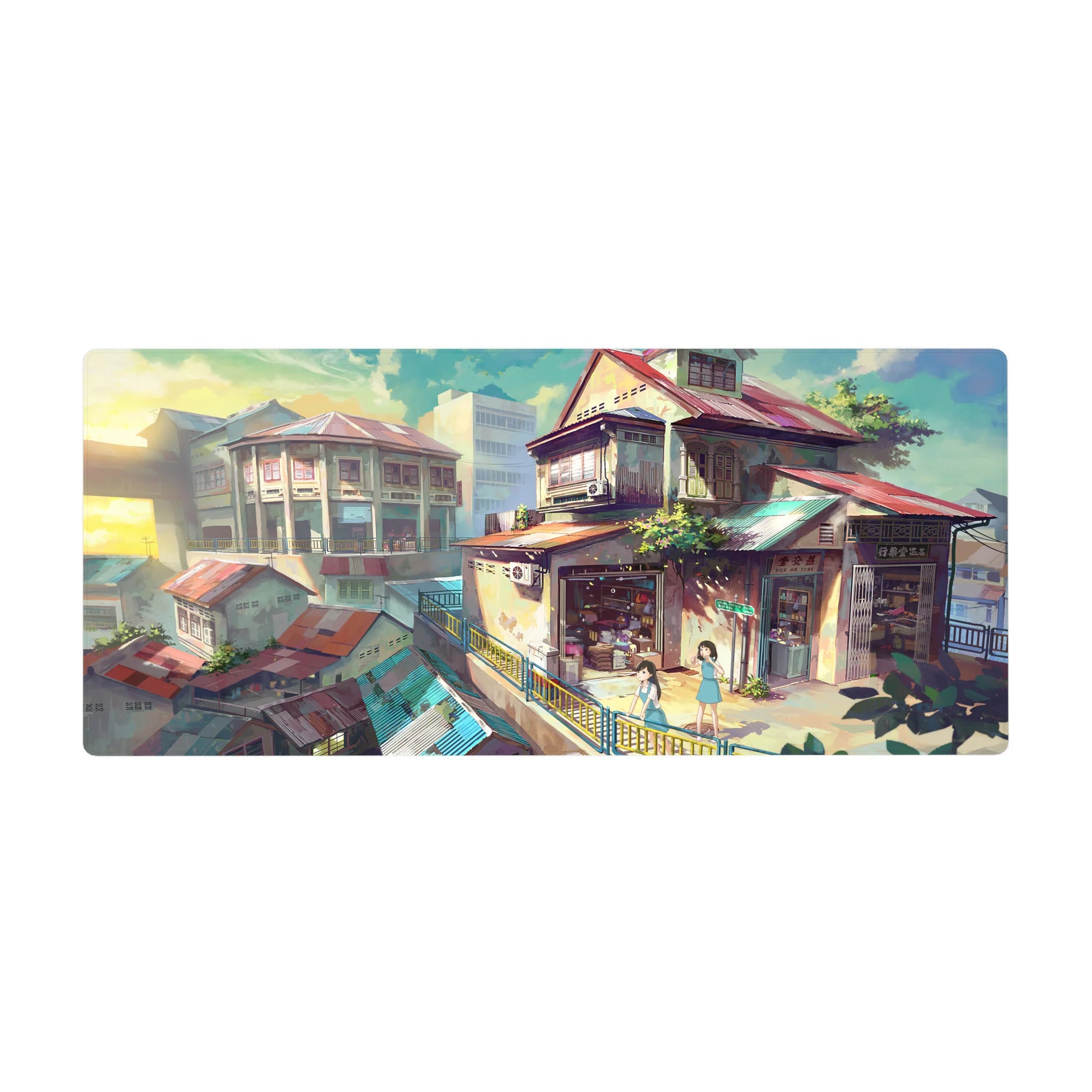 Anime desk pad 36x16 inches with hillside city rooftops, glowing shop windows, and crisp painted lines.