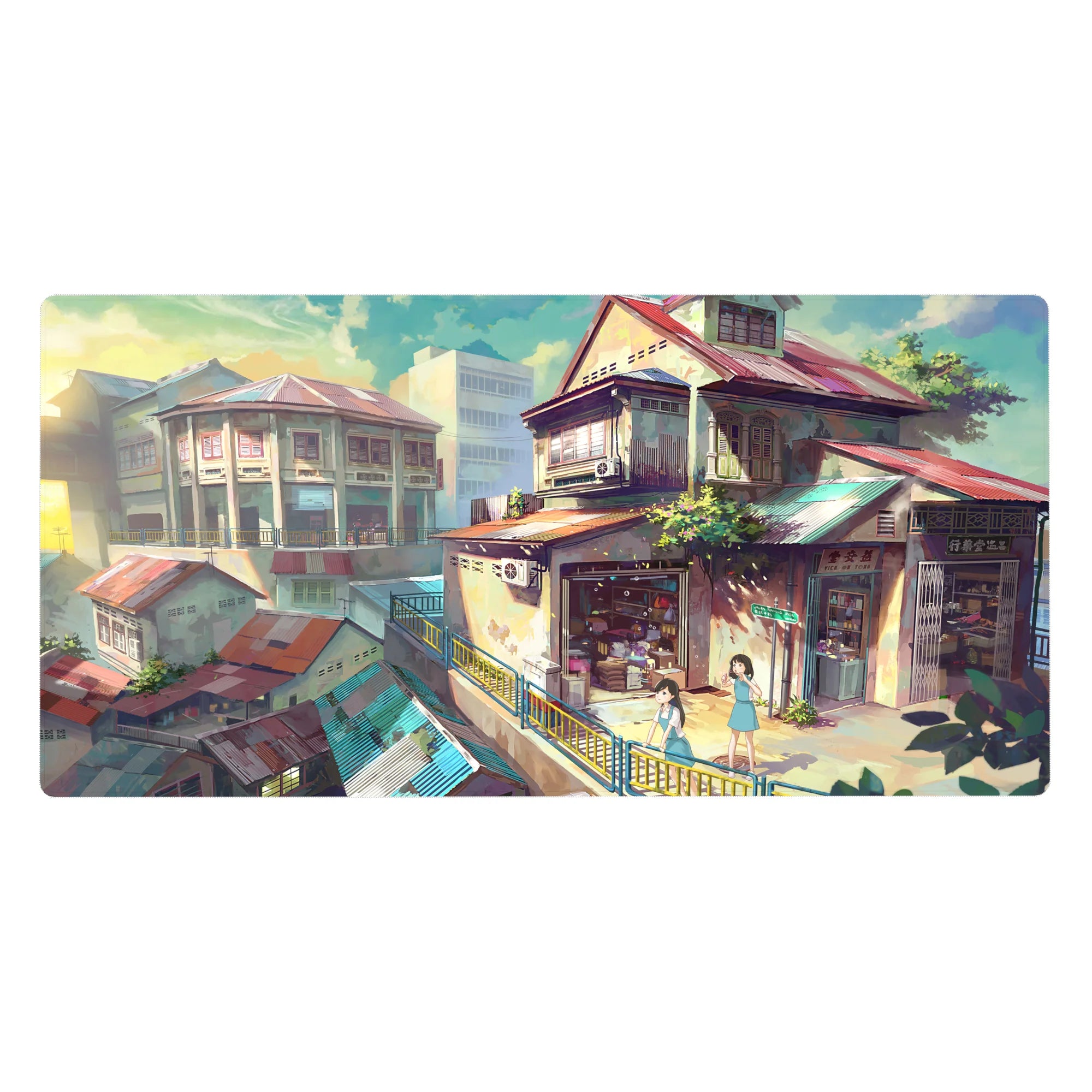 Anime desk pad 40x20 inches with sunlit hillside rooftops, glowing shops, and painted cityscape.