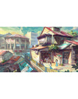 Anime desk pad 40x20 inches with sunlit hillside rooftops, glowing shops, and painted cityscape.