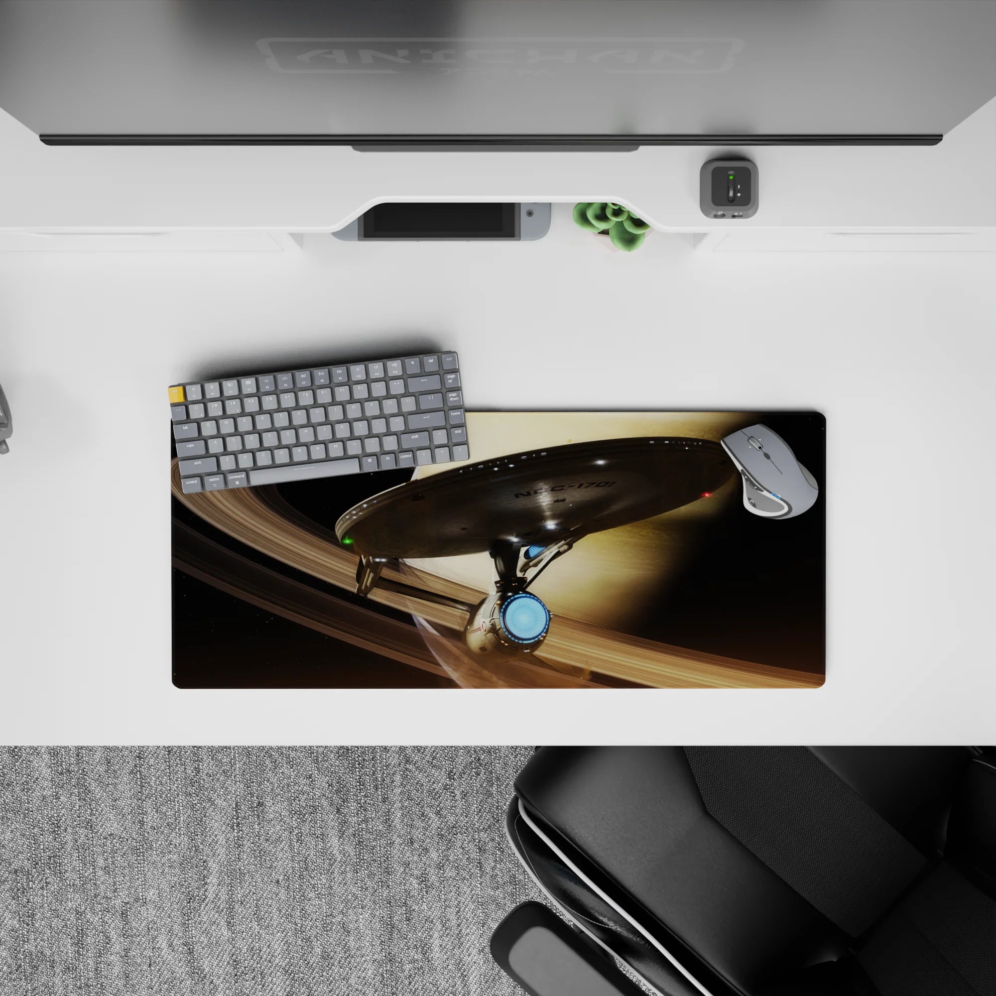 Cozy sci-fi mouse pad 28x12 inches in warm sand tones, smoky shadows, and icy engine blue accents.