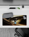 Cozy sci-fi mouse pad 28x12 inches in warm sand tones, smoky shadows, and icy engine blue accents.