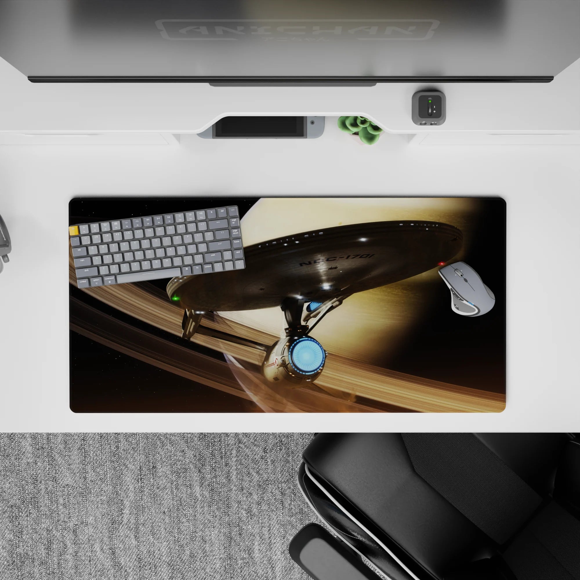 Cozy sci-fi mouse pad 32x16 inches in warm sand tones, smoky shadows, and icy blue engine glow.